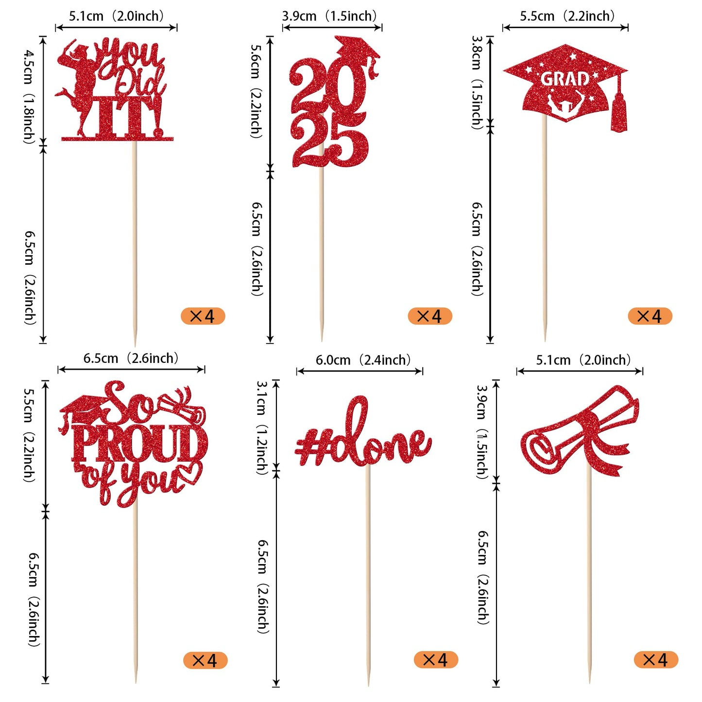 YCTHUNFISH Graduation Cupcake Toppers, 24 Pack, Red, Bamboo, Glitter, 2025 Graduation Theme Party Decorations