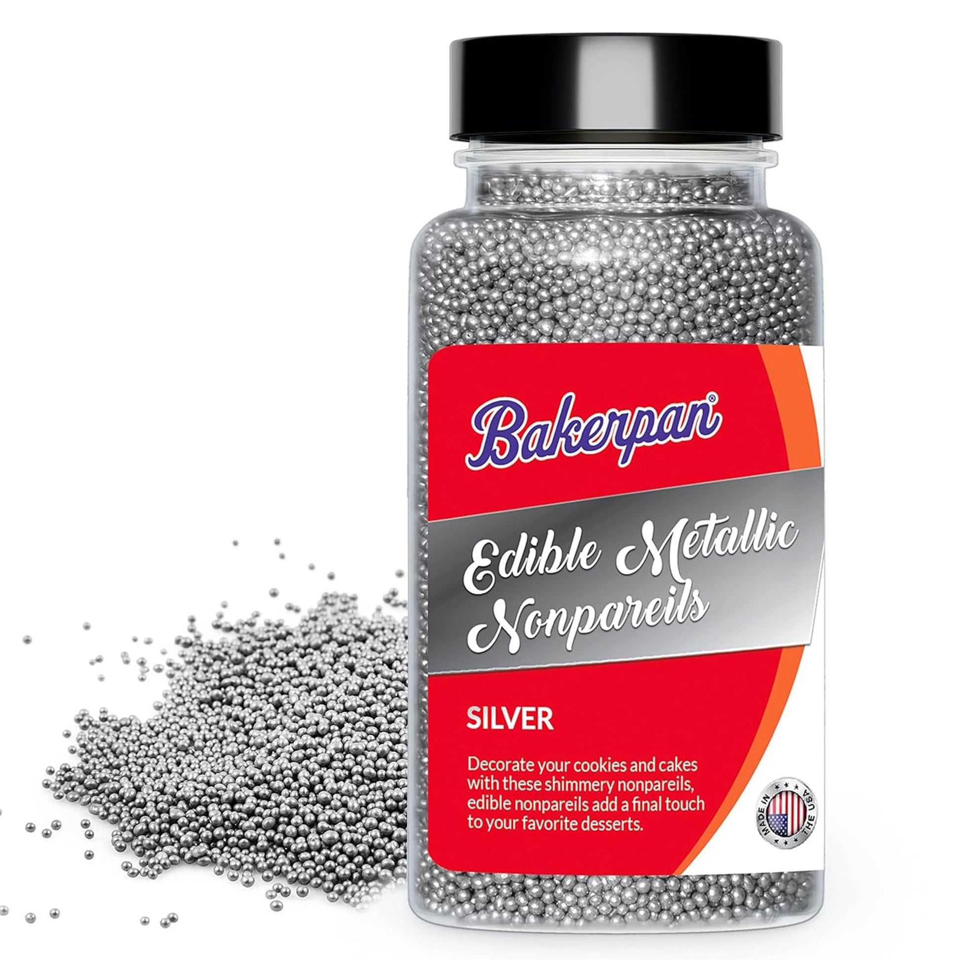 Bakerpan Edible Silver Nonpareils Sprinkles for Cupcakes, Silver Sprinkles Edible for Cake Decorating - 5.1 Ounces (Made in USA)
