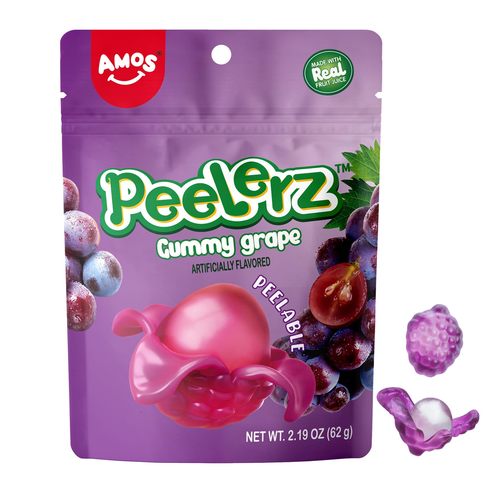 AMOS Grape Peelerz Gummy Candy, Peeling Gummy Grape Valentine's Day Gift Candy Resealable 2.19oz Bags (Grape 1Pack)