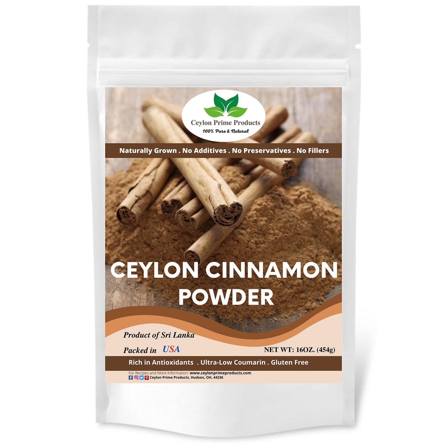Ceylon Prime Products Ceylon Cinnamon Powder, 100% Pure, Freshly Ground, 16oz Resealable Bag, Imported from Sri Lanka