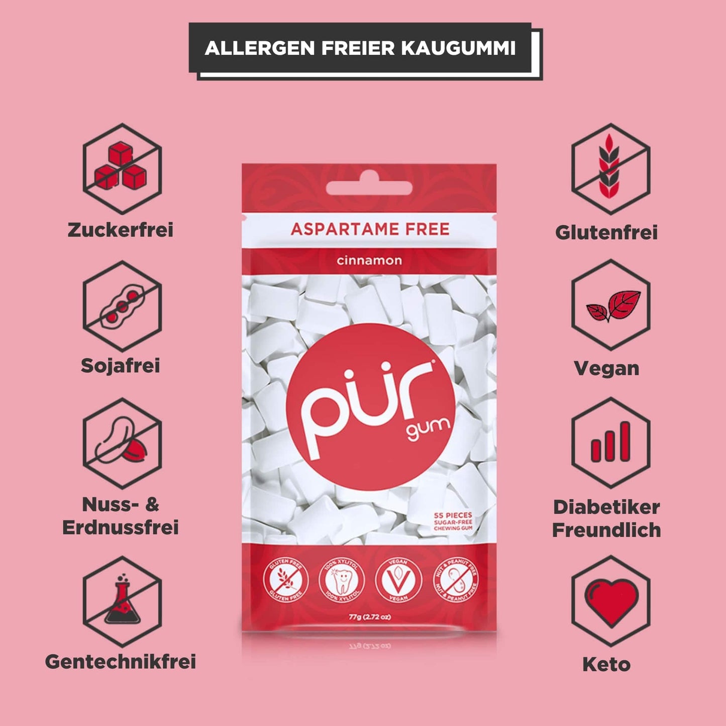 Pur Gum Cinnamon Gum, 80 Gram - 57 Pieces Per Pack - 12 Packs Per Case.