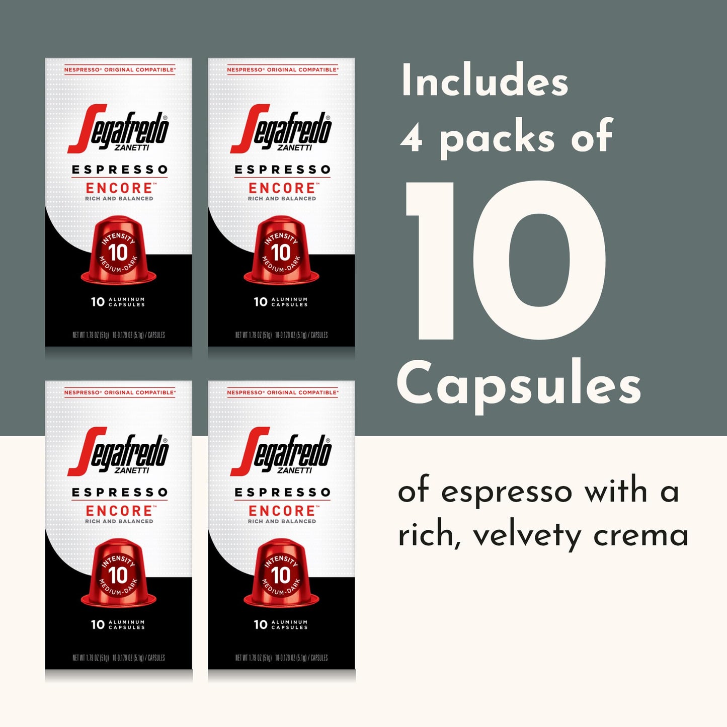 Segafredo Zanetti Espresso compact pieces - Medium-Dark Roast Aluminum Pods for Nespresso - 10 Count (Pack of 4)