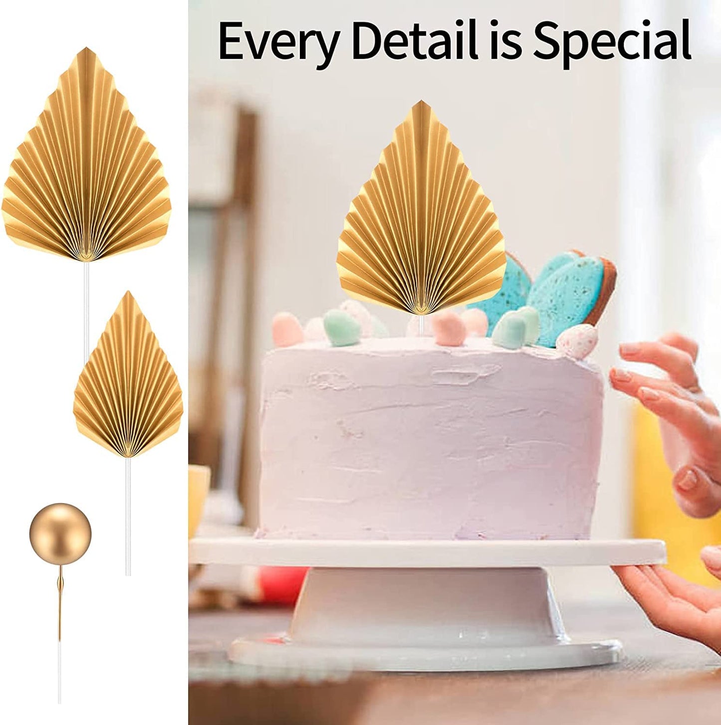20 Pcs Gold Balls Cake Toppers, 8 Pcs Gold Palm Leaves Cake Decorations, Foam Balls Paper Palm Leaf Cake Insert Toppers Decorati