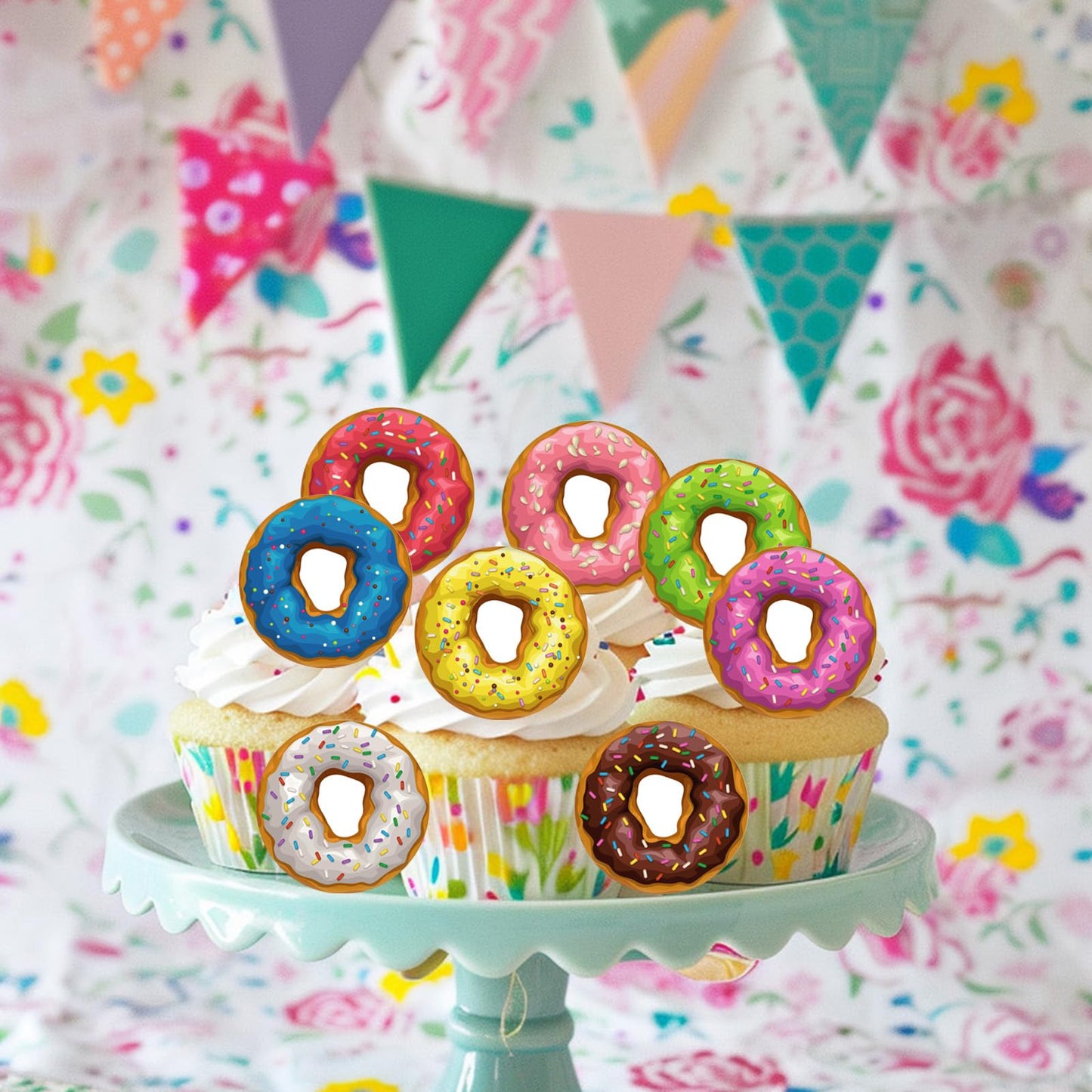 Fyeoxle 36Pcs Edible Donut Cupcake Toppers Wafer Paper Sweet Donuts Cupcake Picks Edible Donut Party Cupcake Decorations For Swe