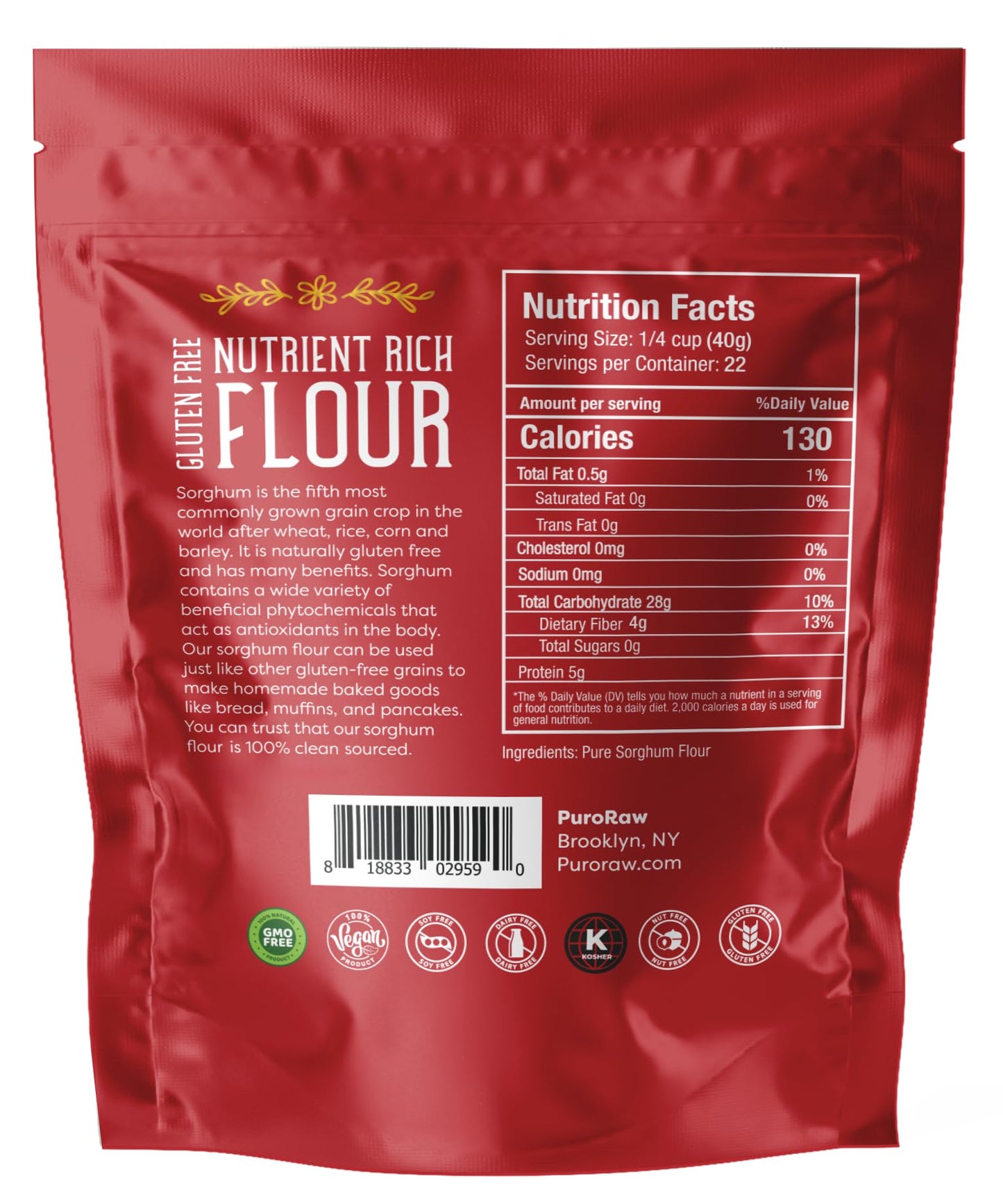 PuroRaw Sorghum Flour, Gluten Free, Whole Grain, 2 lbs, Sweet White Jowar Flour