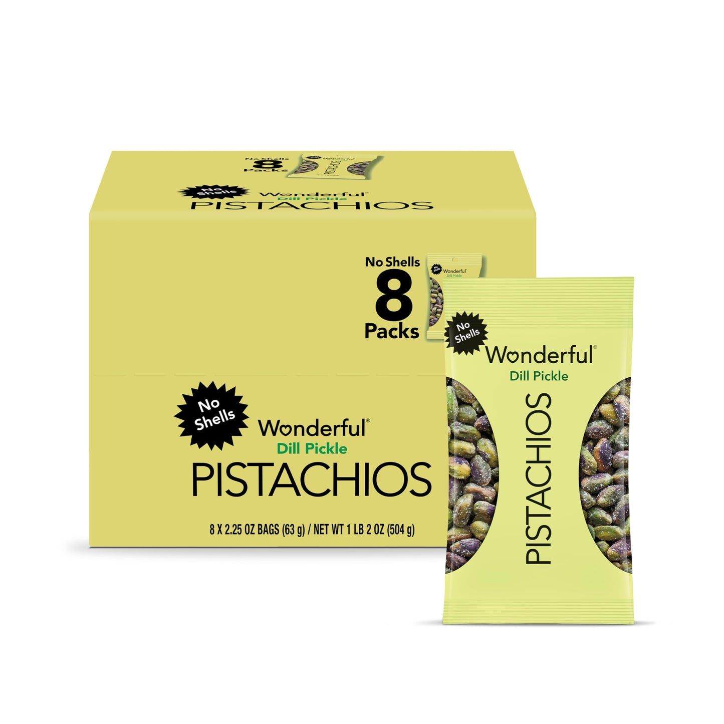 Wonderful Pistachios No Shells, Dill Pickle Flavored Nuts, 2.25 Ounce Bag (Pack of 8), Protein Snacks, Healthy Snack, Travel Sna
