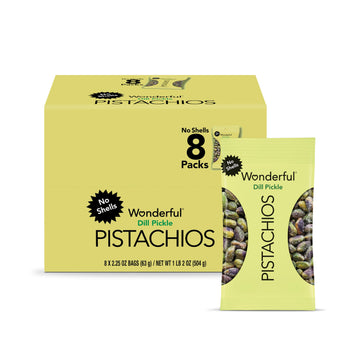 Wonderful Pistachios No Shells, Dill Pickle Flavored Nuts, 2.25 Ounce Bag (Pack of 8), Protein Snacks, Healthy Snack, Travel Sna