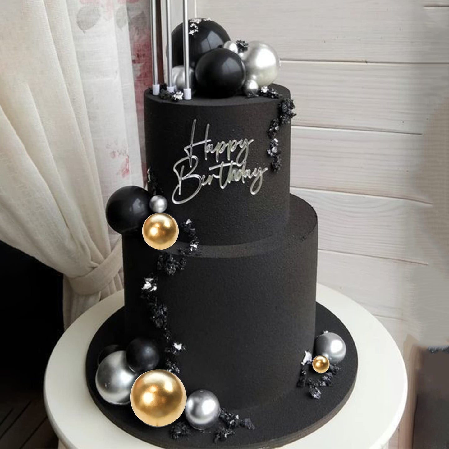 Rssta i Cake Topper Foam Balls 30 PCS Mini Decoration Picks for Baby Shower, Wedding, Birthday - Black Gold Silver - Model XM237