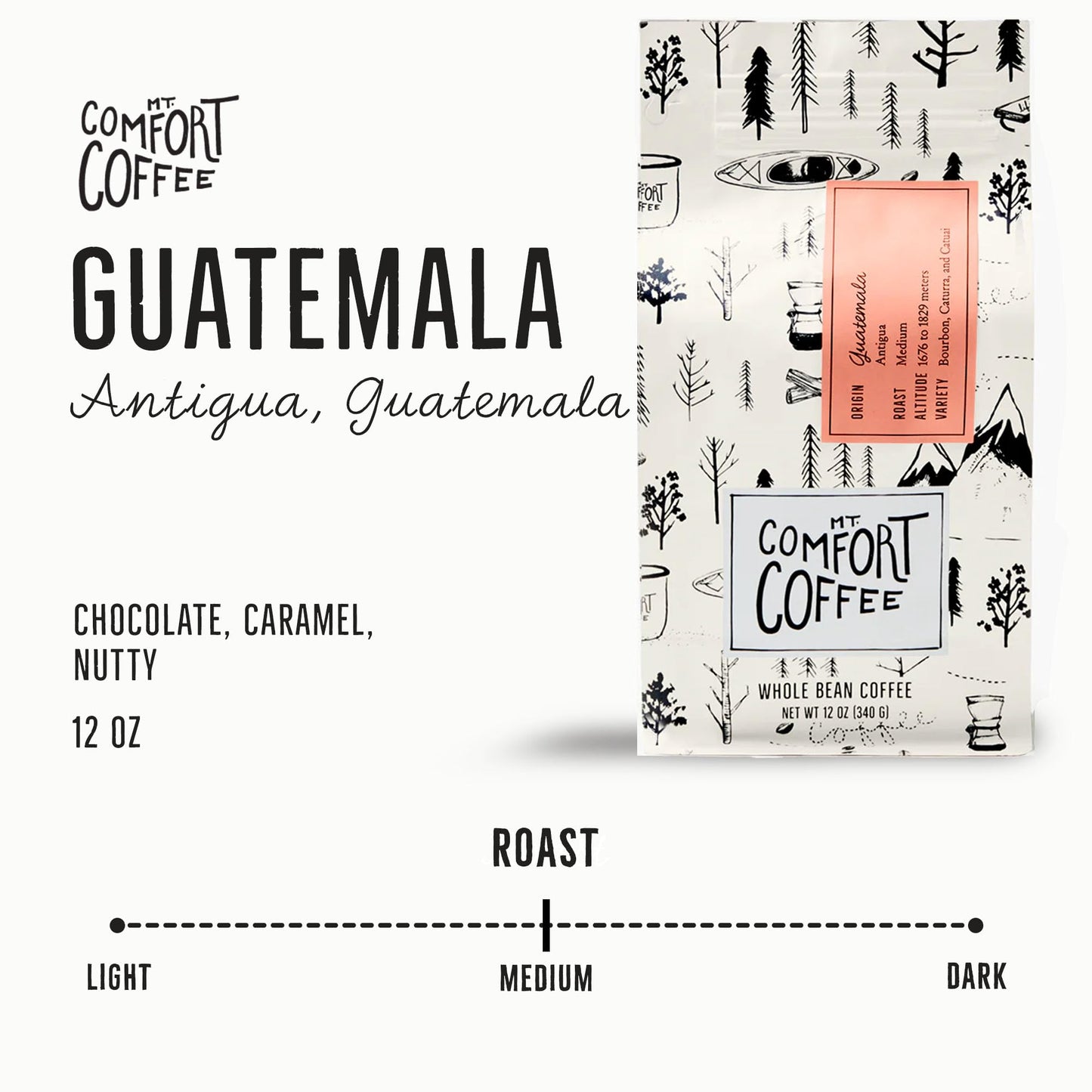Mt. Comfort Coffee Guatemala Medium Roast, 12 Oz Bag - Sourced From Small, Guatemalan Coffee Farms - Flavor Notes Of Chocolate & Caramel - Roasted Whole Beans