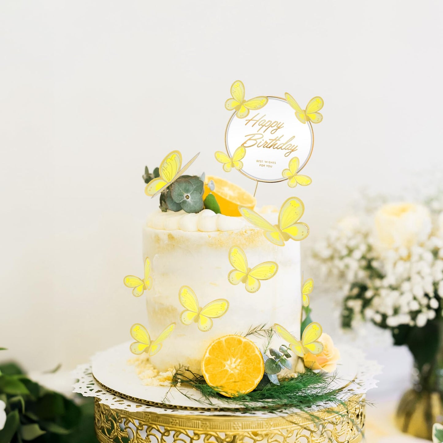 BHNKGZNA 13 Pieces Butterfly Cake Toppers, 3D Pink Gold Decorations, Yellow, for Birthday Party, Wedding, Baby Shower