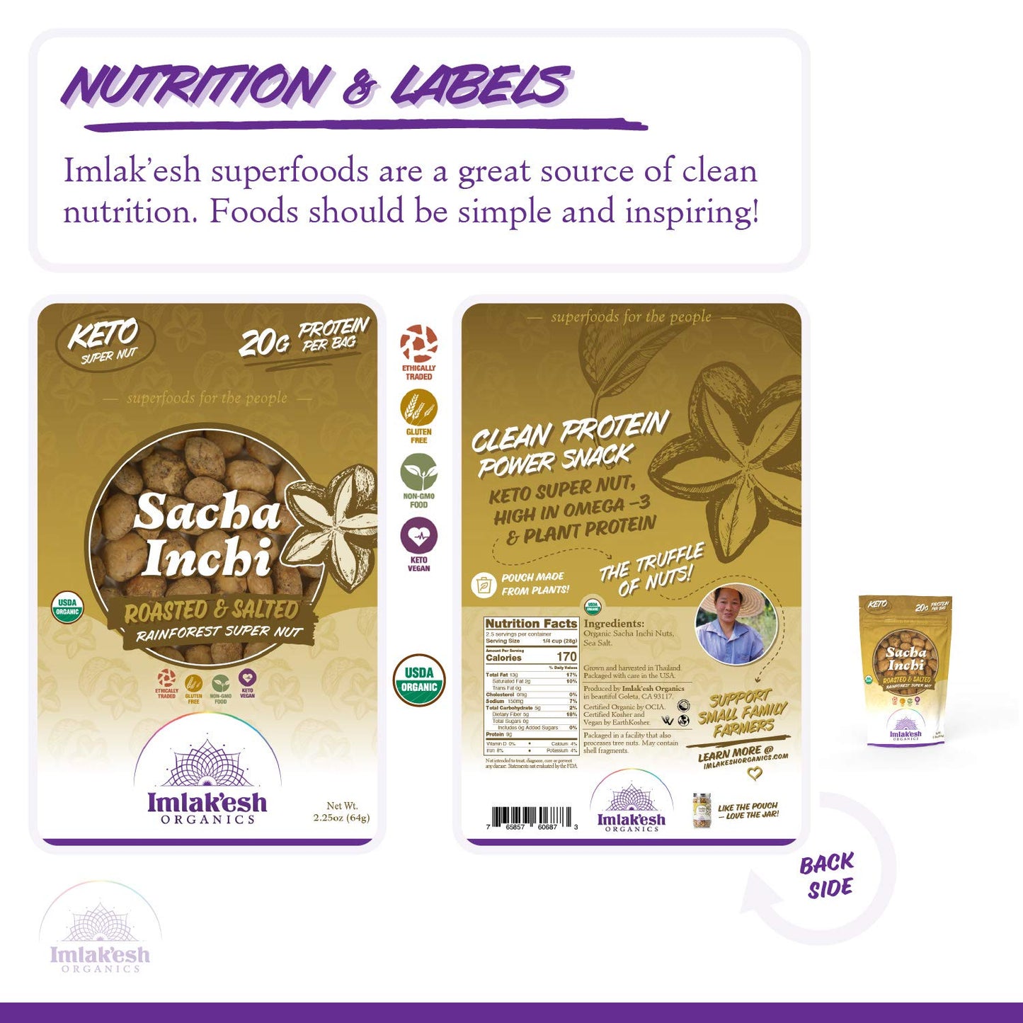 Imlak'esh Organics Sacha Inchi Nuts, 2.25oz Pouch - Protein Super-Nuts, Keto, Paleo, Organic, Gluten-Free, Non-GMO
