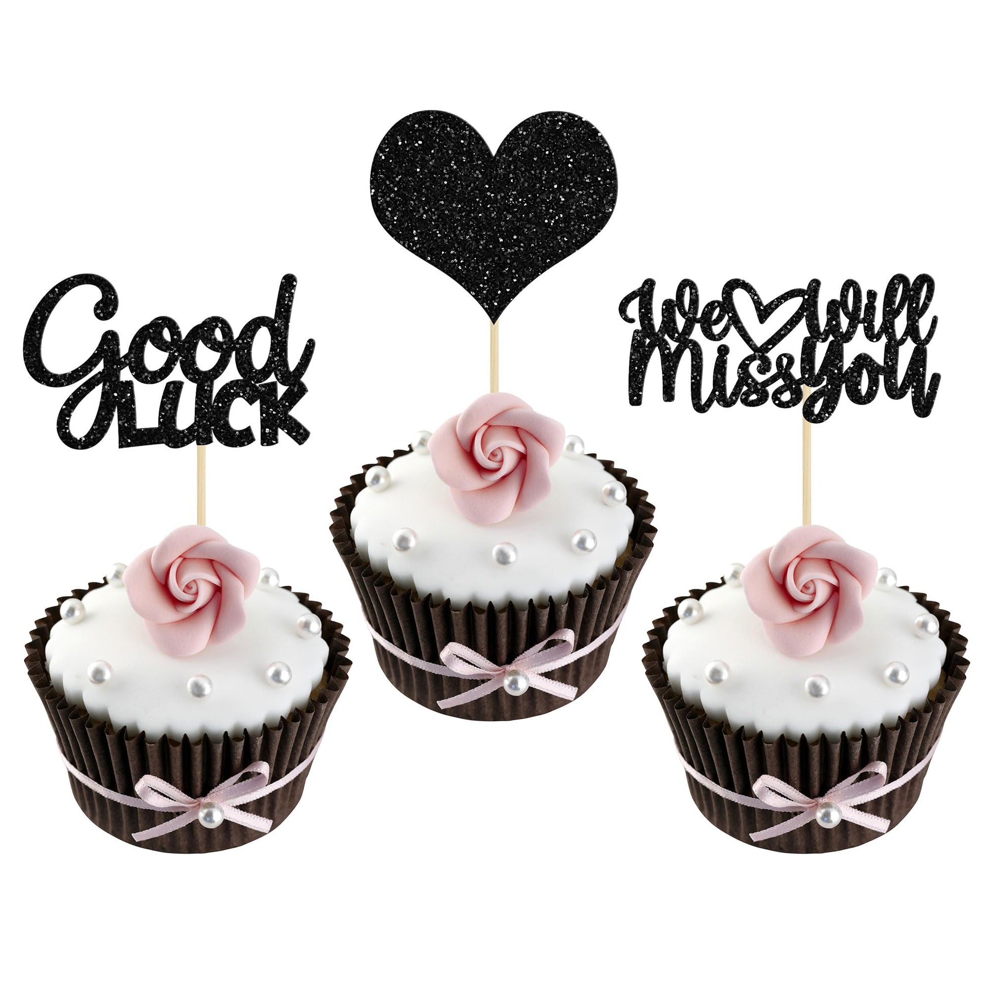 Gyufise 36Pcs Black Glitter We Will Miss You Cupcake Toppers With Love Glitter Good Luck Cupcake Picks Going Away Farewell Retir