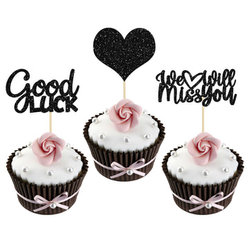 Gyufise 36Pcs Black Glitter We Will Miss You Cupcake Toppers With Love Glitter Good Luck Cupcake Picks Going Away Farewell Retir