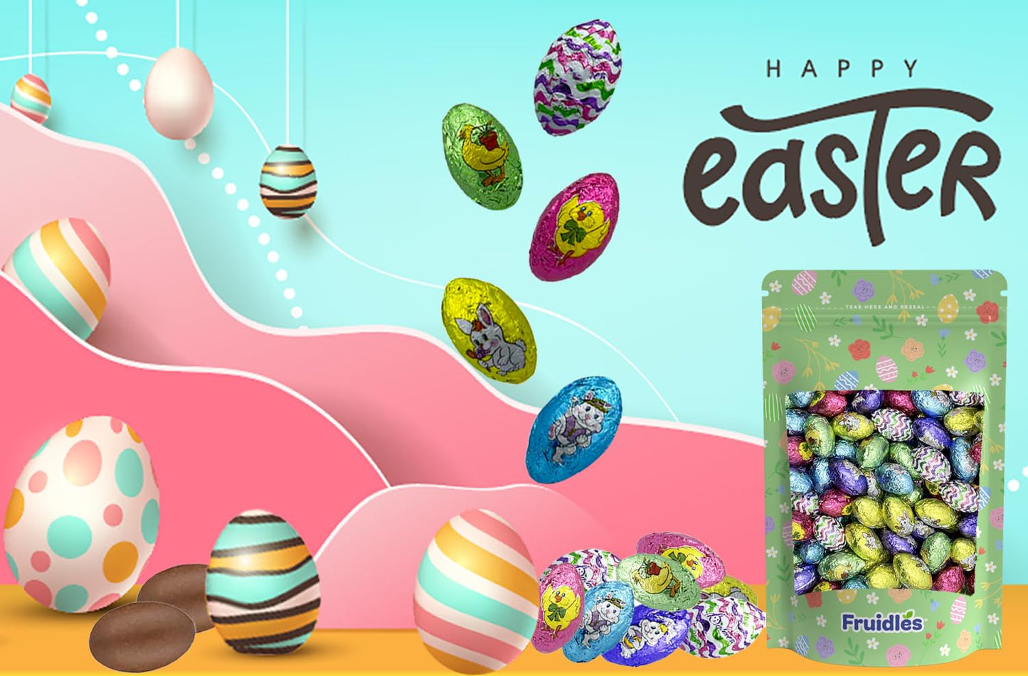 Easter Double Crisp Eggs Milk Chocolate, Happy Easter Day Eggs, Party Bag Fillers, Individually Wrapped, (1 Pound) Approx. 100 Eggs