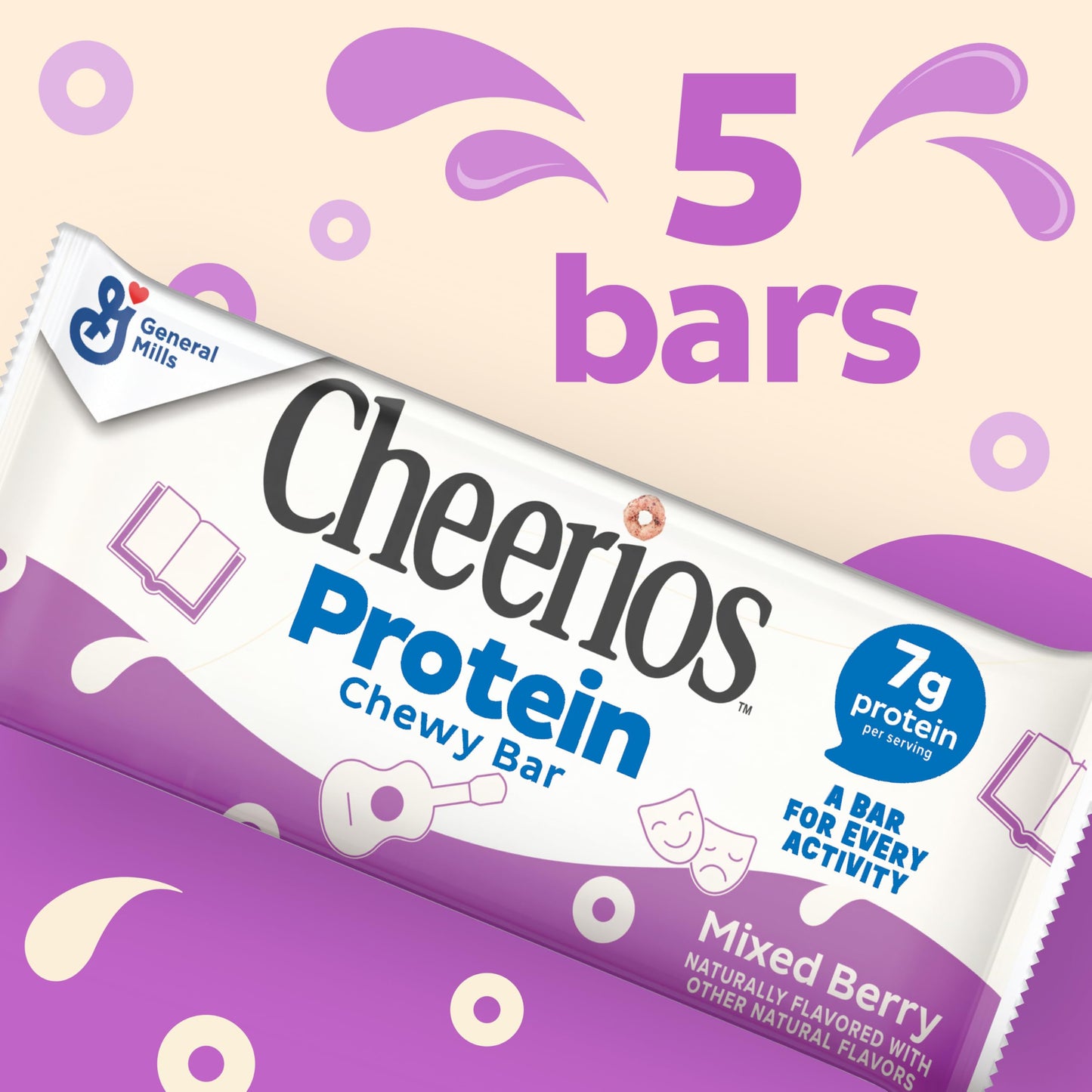 Cheerios Protein Chewy Bars, Mixed Berry, 5 Count, 6.35 oz Snack Bars
