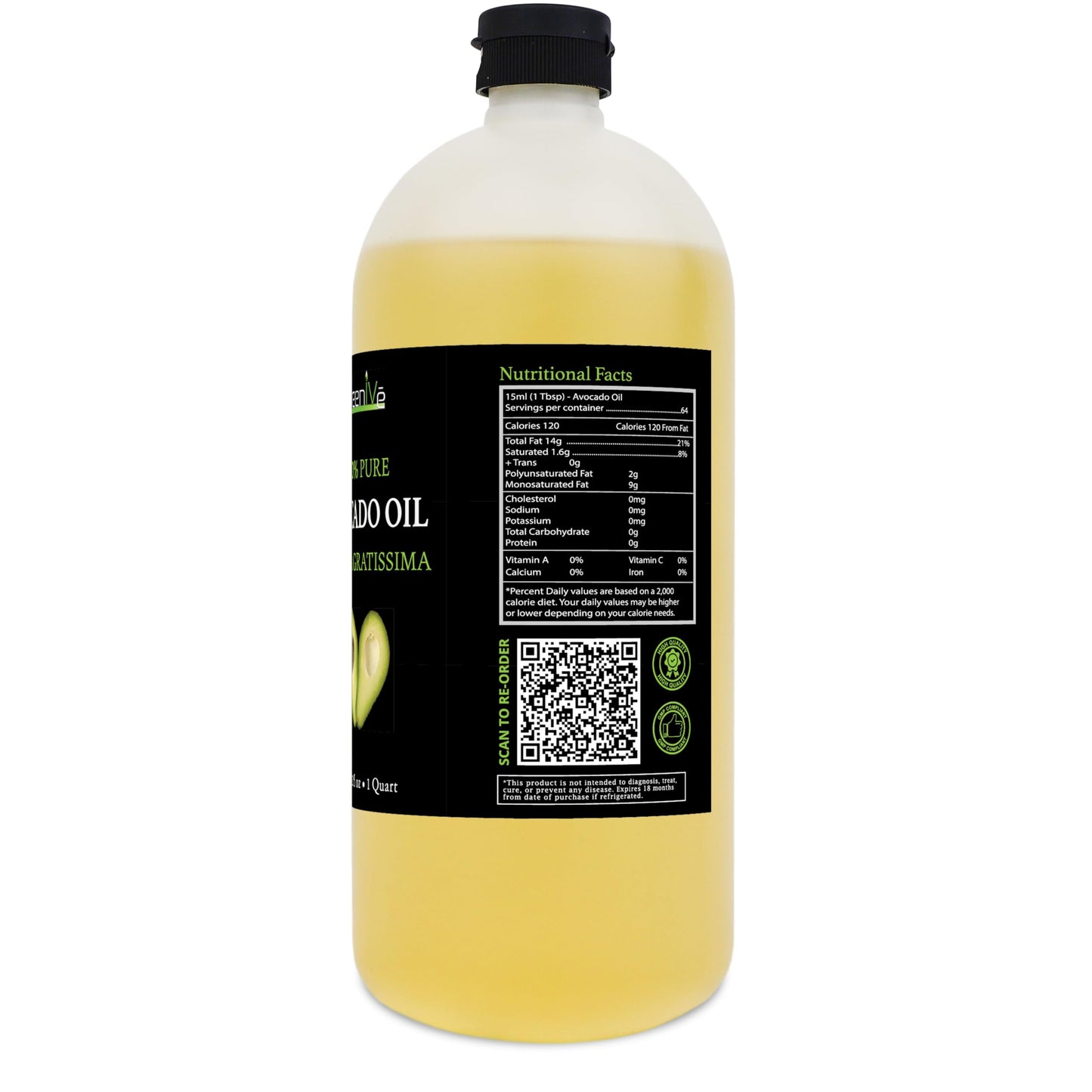 GreenIVe Avocado Oil 100% Pure Cold Pressed Non-GMO Vegan 32 Fl Oz
