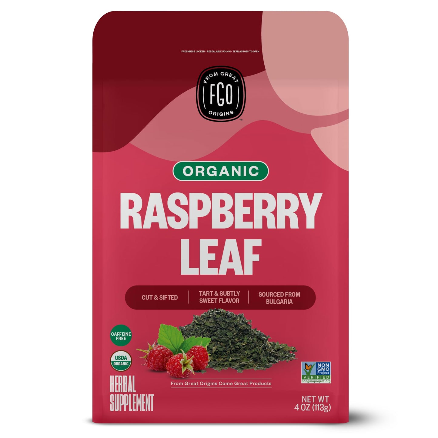 FGO Organic Red Raspberry Herbal Tea, Caffeine Free, 4oz Resealable Bag, Model FGO-RRLF-WHL-400-CA