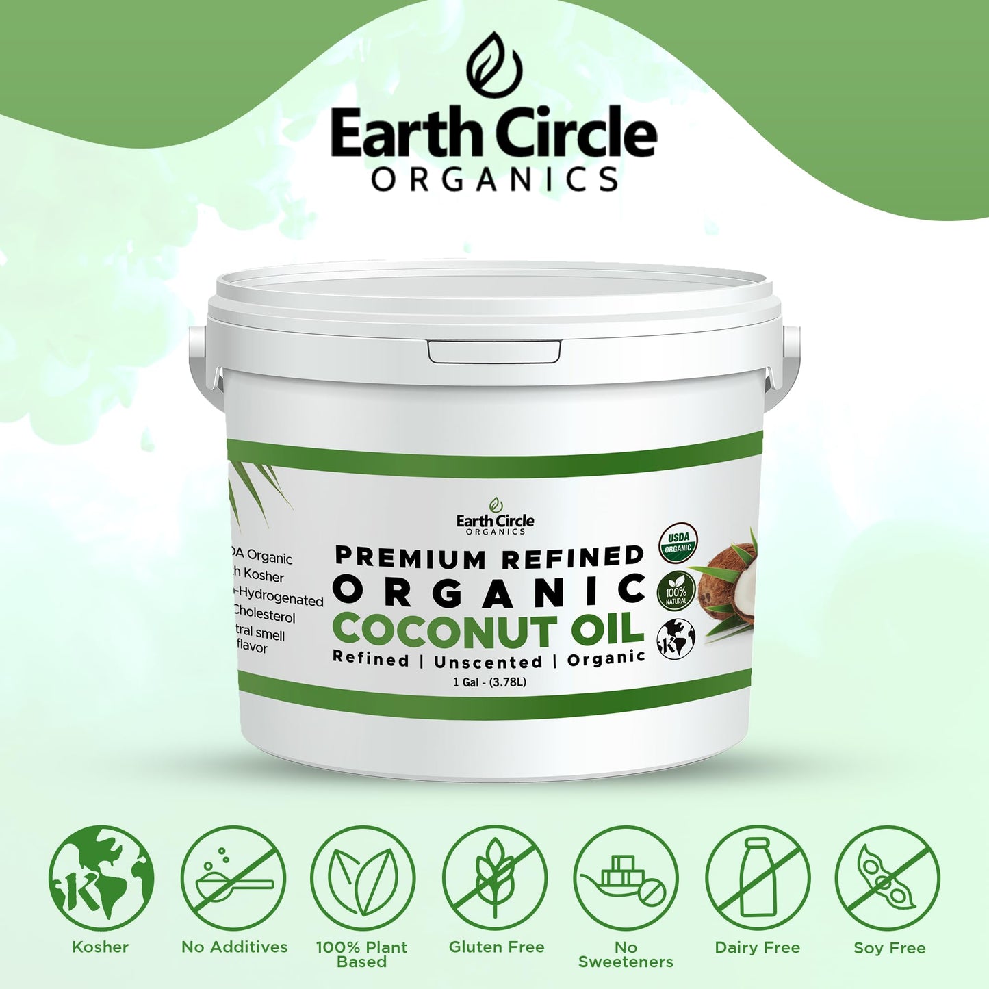 Earth Circle Organics Refined Coconut Oil - Ultra Premium, 128 Fl Oz, Keto & Paleo Friendly, 1 Gallon