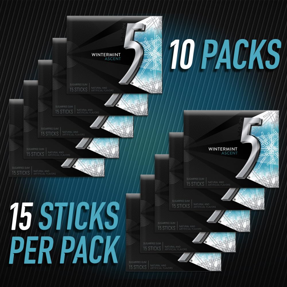 5 Gum Wintergreen Ascent Sugar Free Chewing Gum Bulk, 15 Stick Box (Pack Of 10)