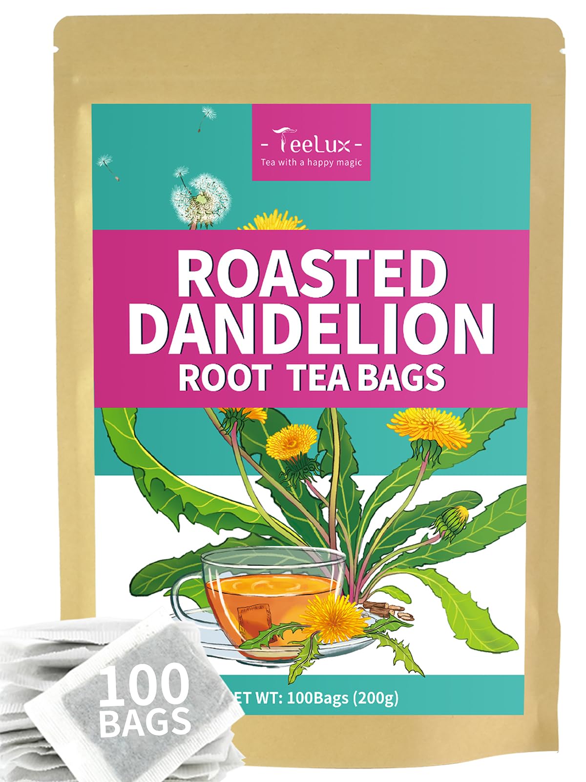 TeeLux Roasted Dandelion Root Herbal Tea Bags, Caffeine Free, 100 Count