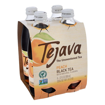Tejava Peach Black Iced Tea, 4 Pack, 12Oz Glass Bottles, Unsweetened, Non-Gmo, Kosher, No Sugar Or Sweeteners, No Calories, No P