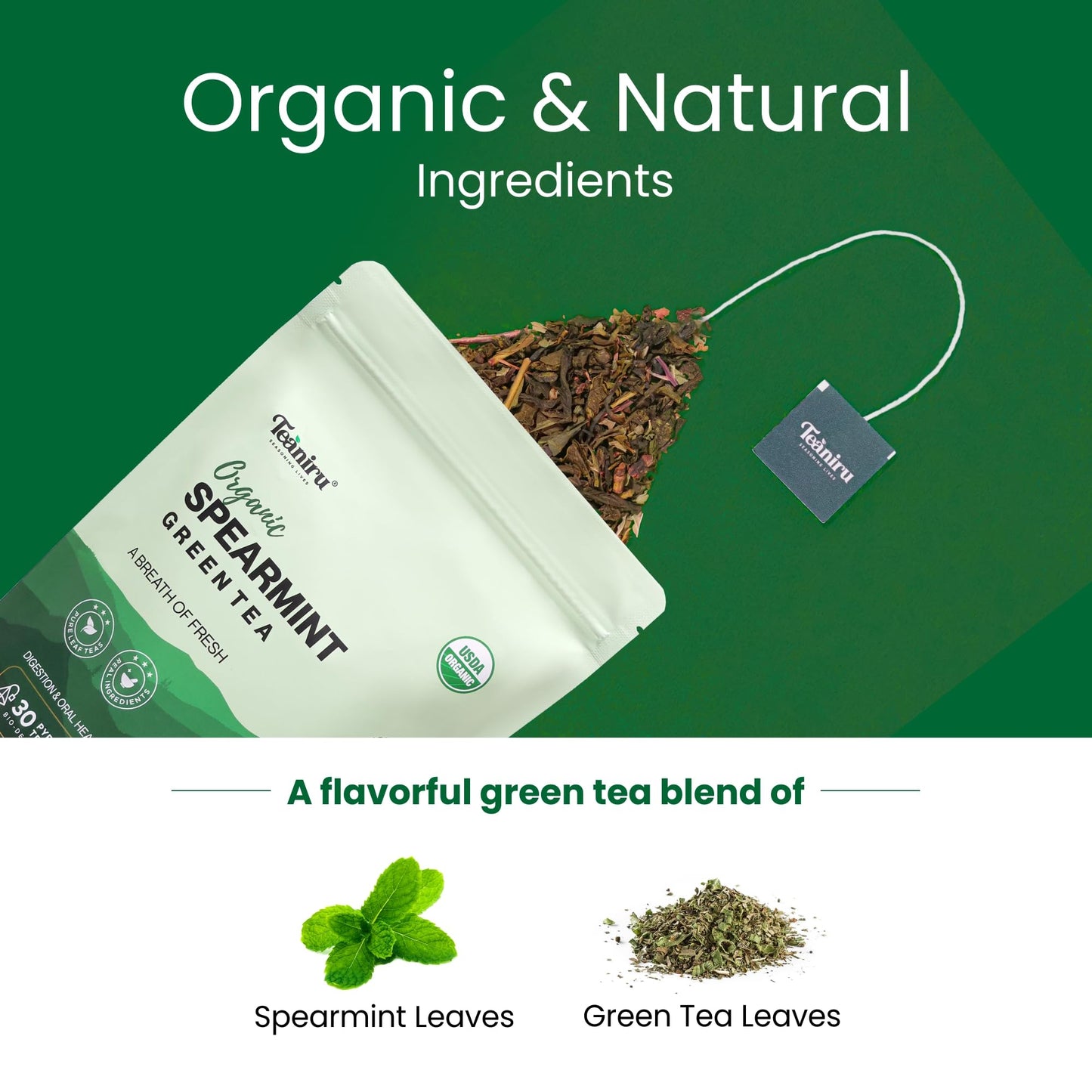 Teaniru, Spearmint Green Tea - 30 Count | For Quick Digestion & Healthy Skin | High In Antioxidants, Vitamin C & Iron | Your Any