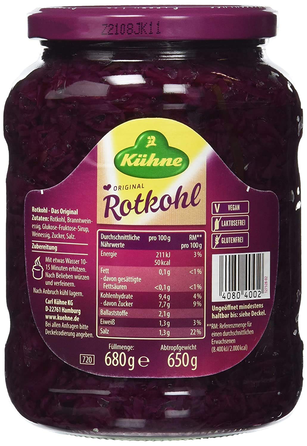 Kuhne Rotkohl Original Red Cabbage 680G From Germany