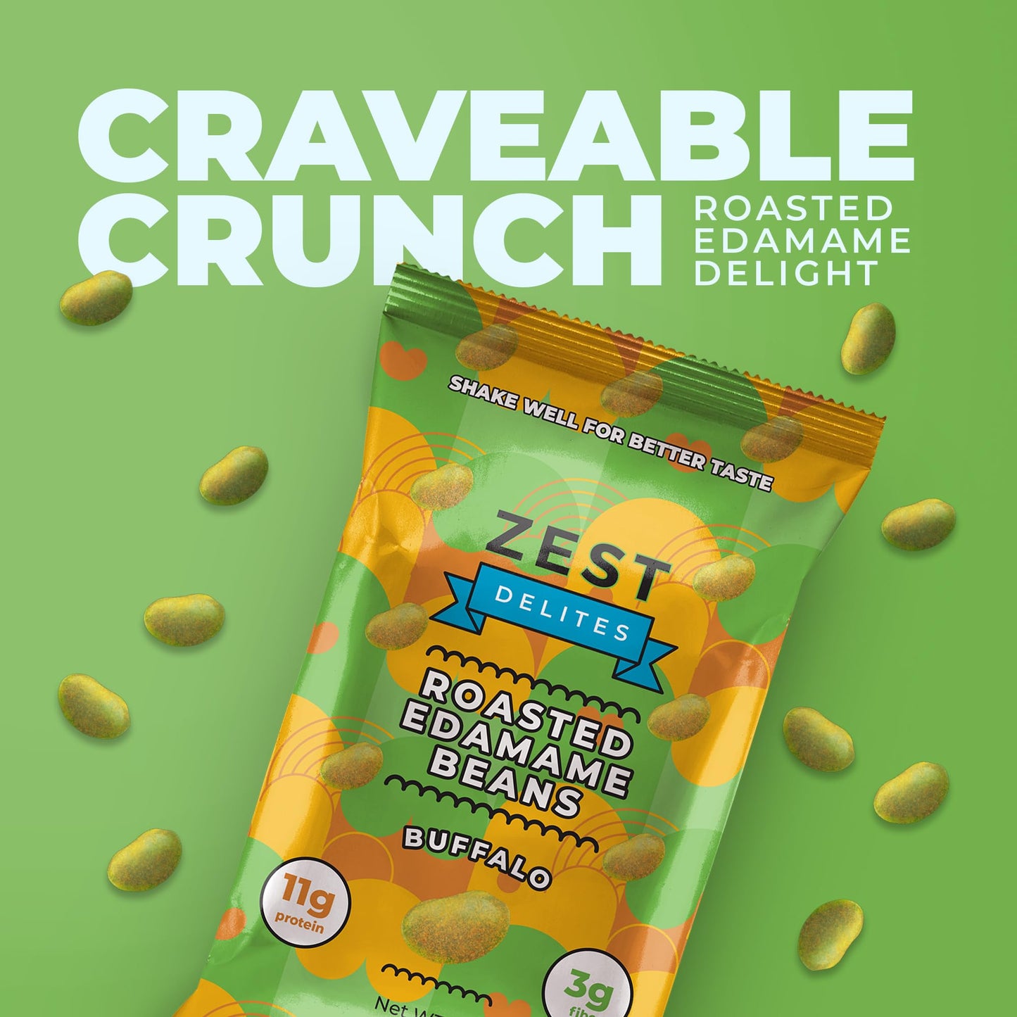 Crunchy Dry Roasted Edamame Beans Snack by Zest Delites, Buffalo, Vegan, Low Calorie (100cal) High Protein Snacks (11g), Low Car