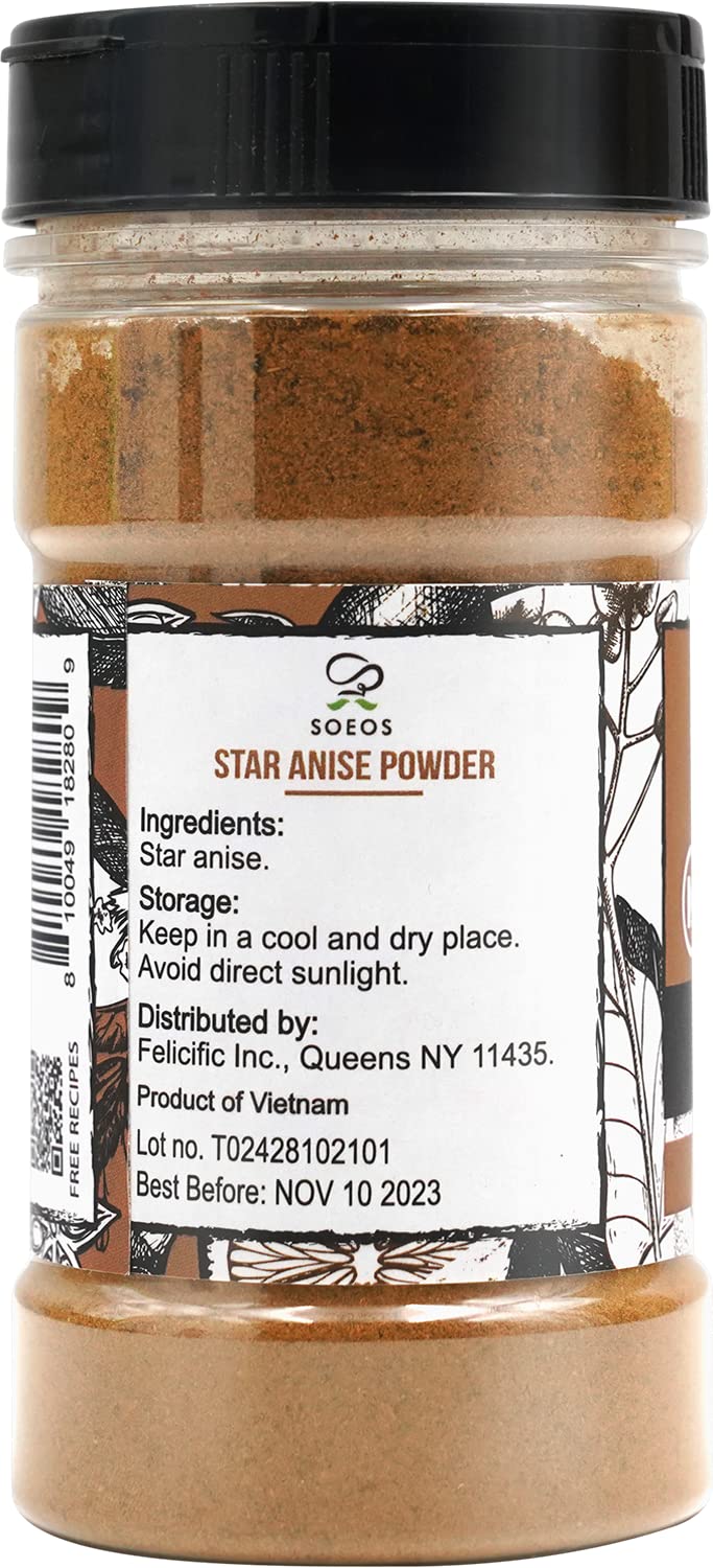 Soeos Chinese Star Anise Powder 2.6 Oz (74G), Ground Chinese Star Anise Seeds, Dried Anise Star Spice, Star Anise Bulk, Anise Star. Non-Gmo Verified, Great For Baking And Tea, Anis Estrella., Brown
