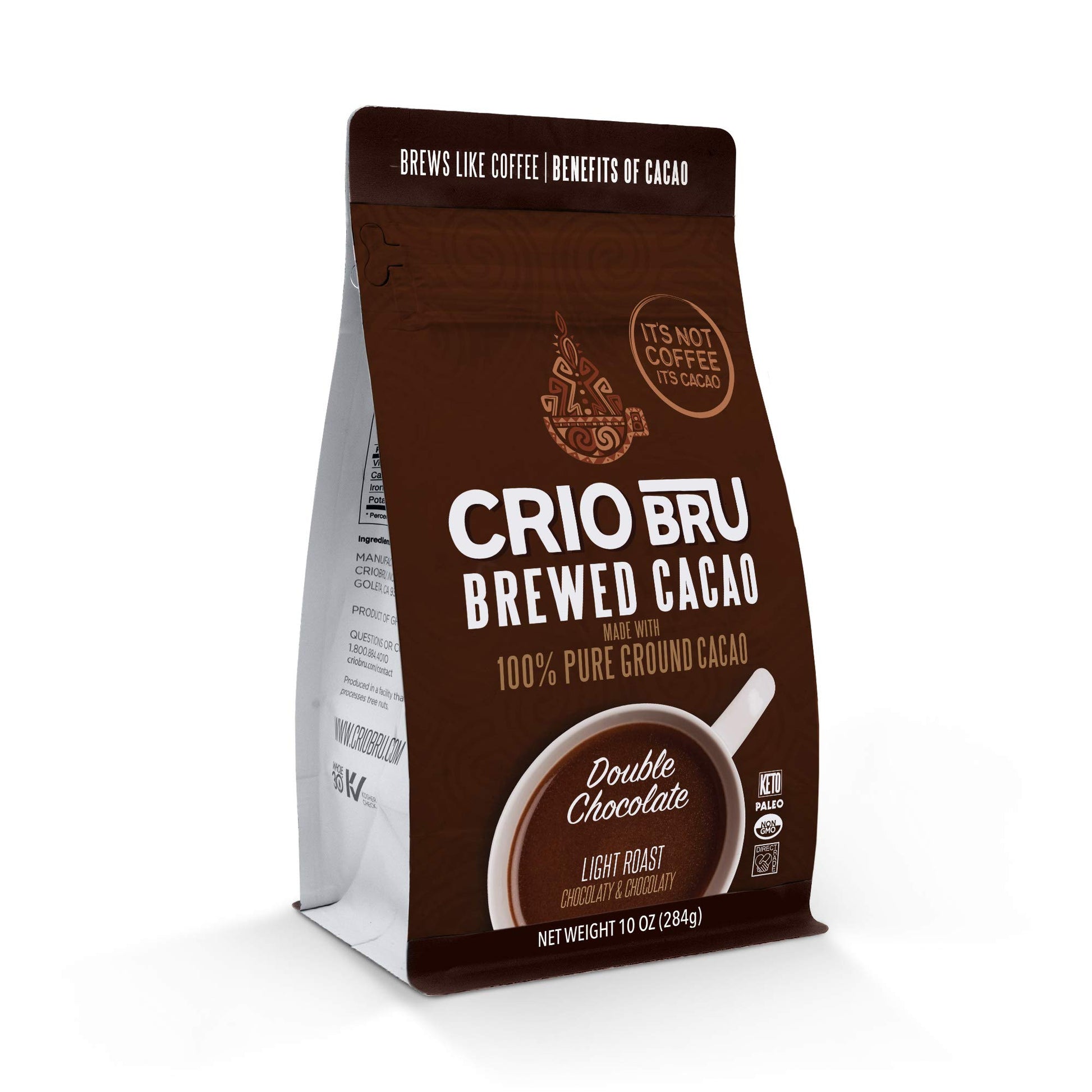 Crio Bru Brewed Cacao Double Chocolate Coffee Alternative, 10oz, Brown, 99.99% Caffeine Free, Keto, Low Carb, Paleo