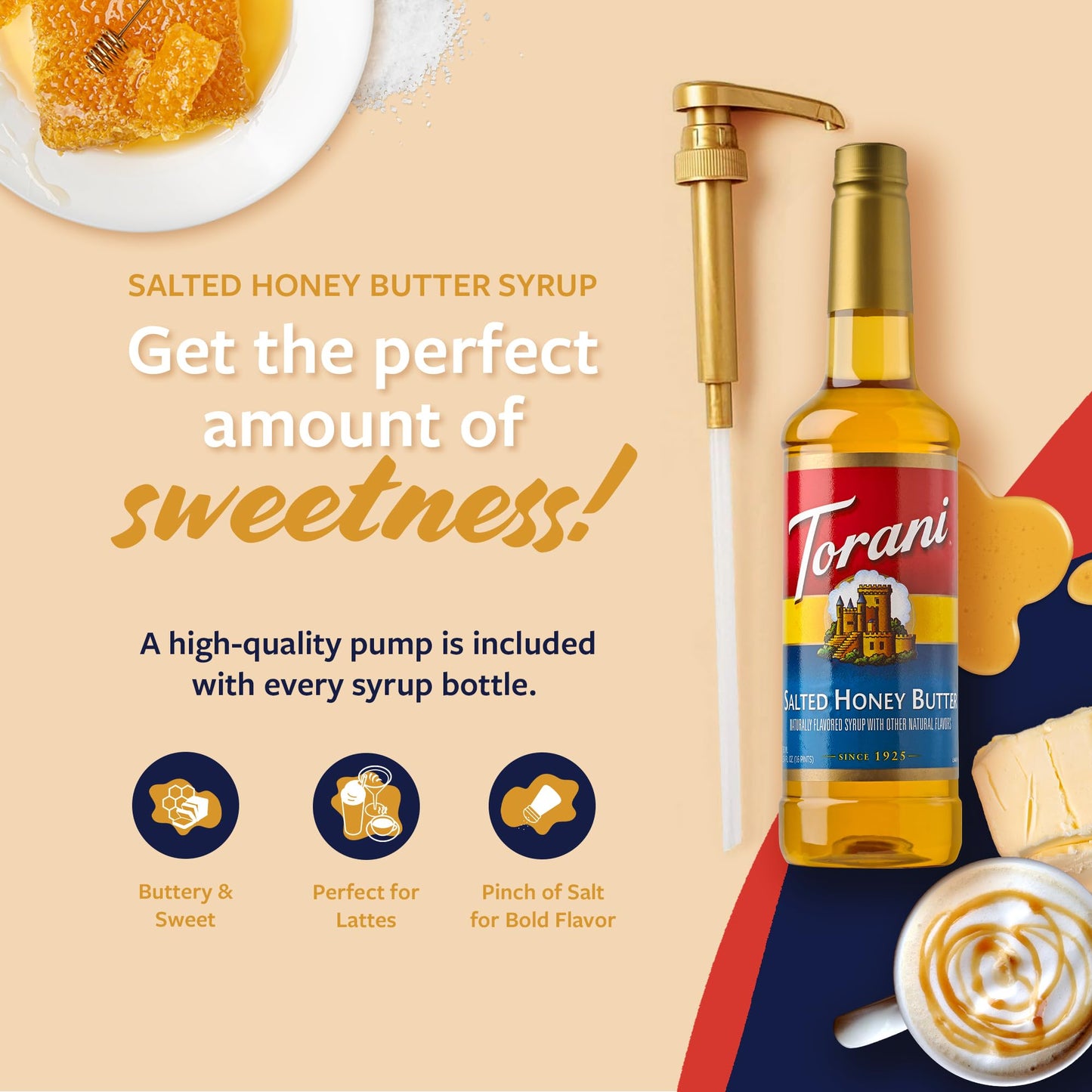 Torani Coffee Syrup, Salted Honey Butter Syrup, Flavoring For Drinks And Desserts, Pump Included, 25.4 Fl Oz