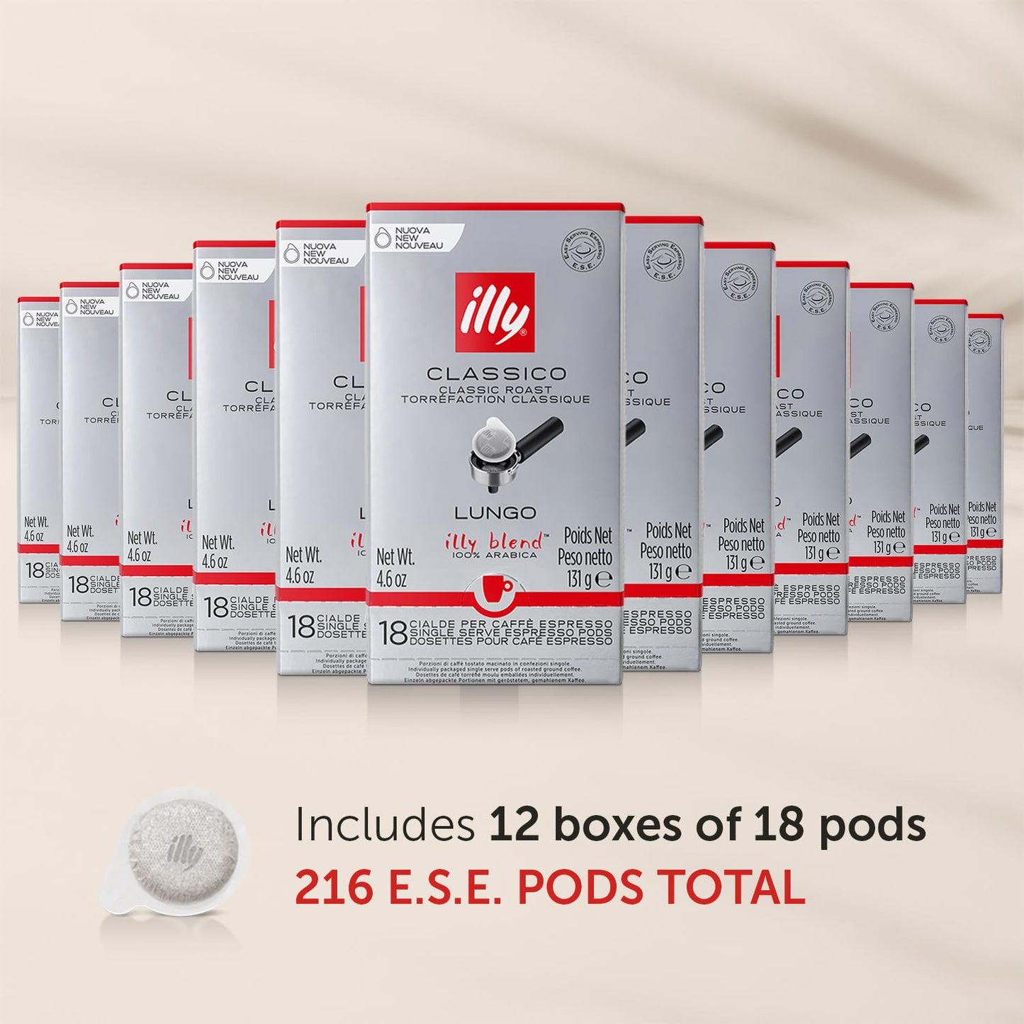 Illy E.S.E. Coffee compact pieces - Classico Lungo Roast, 18 Count (Pack of 12) - Notes of Caramel, Orange Blossom & Jasmine