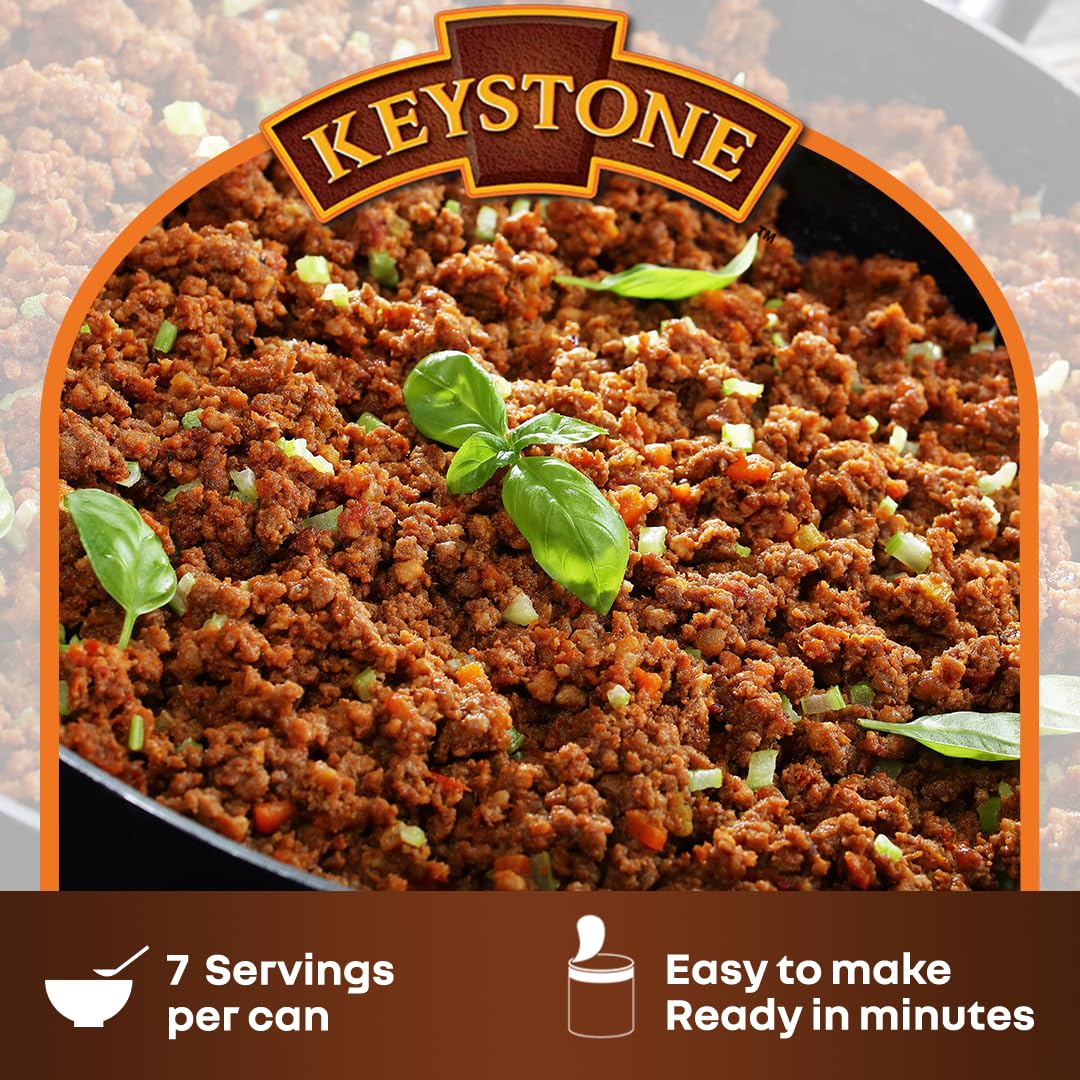 Keystone Meats All Natural Heat and Serve Ground Beef 14 oz - Fully Cooked Canned Meat - Ready to Eat - 5-Year Shelf Life - Pant