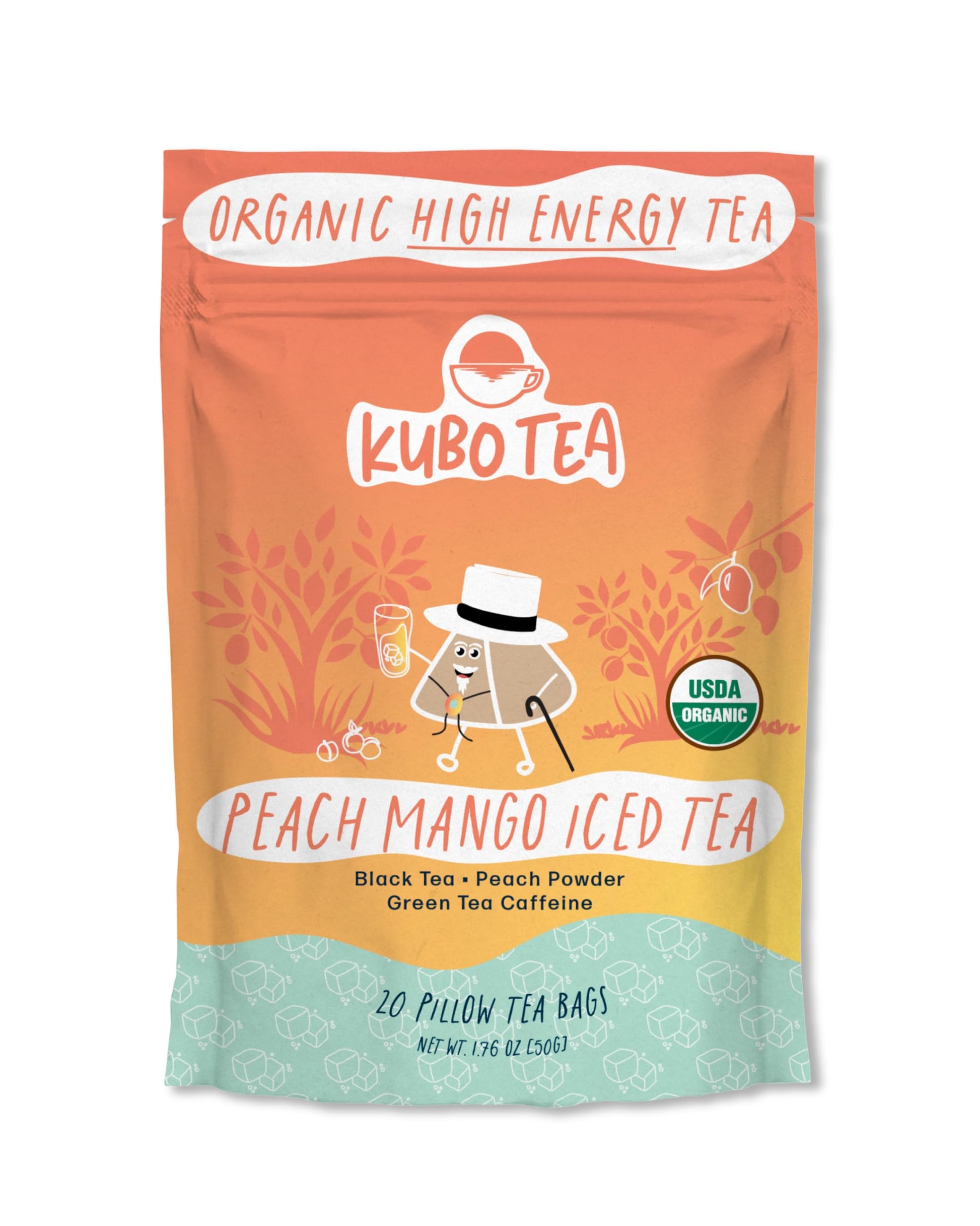 Kubo Tea Peach Mango Black Iced Tea - Organic Pillow Tea Bags - High Caffeine - 20 Servings (155mg Caffeine each) - Compostable Packaging