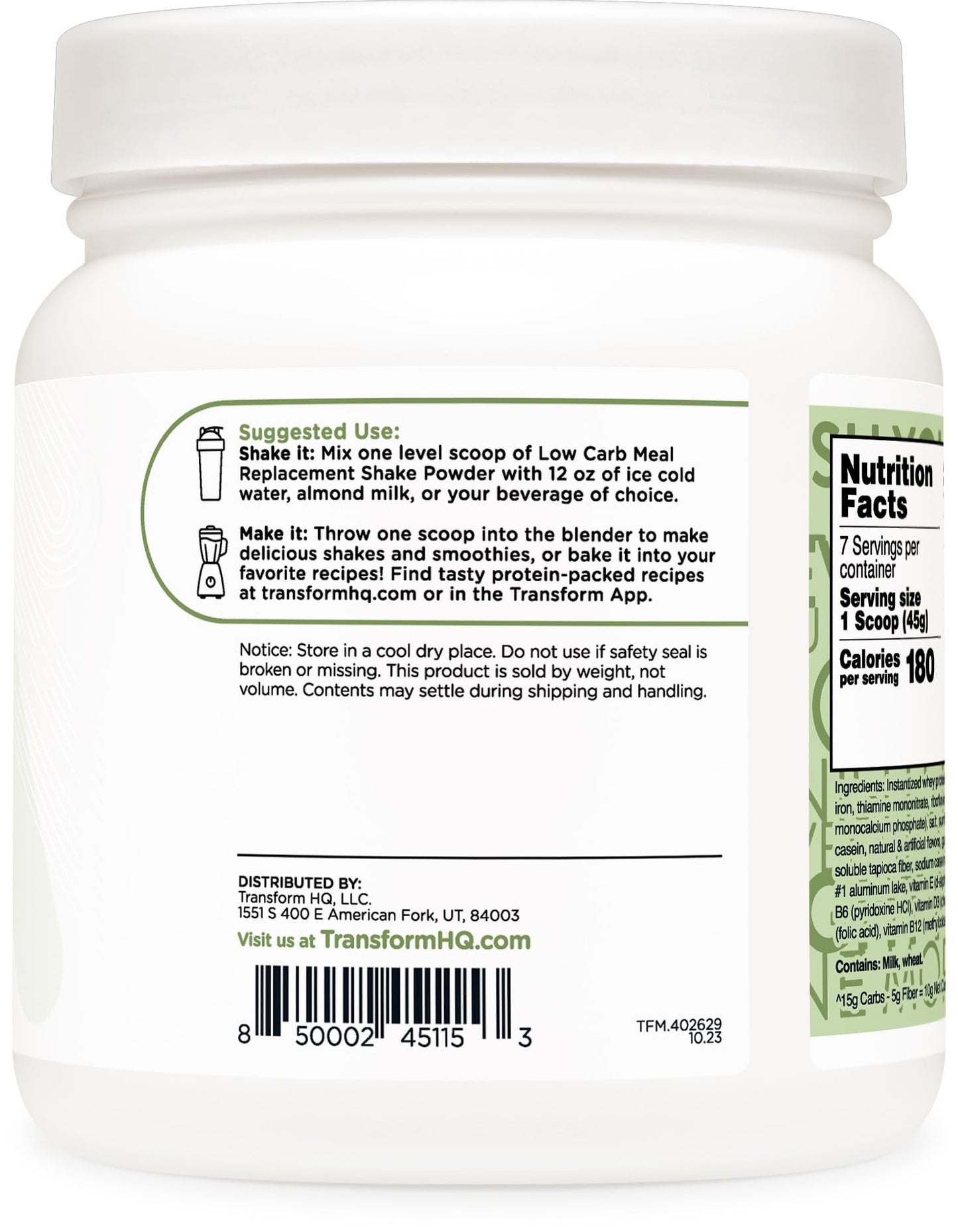 TransformHQ Meal Replacement Shake Powder - Mint Chocolate Chip, 20G Protein, 11.3 Ounce (Pack of 1), Non-GMO, Model TFM-15110