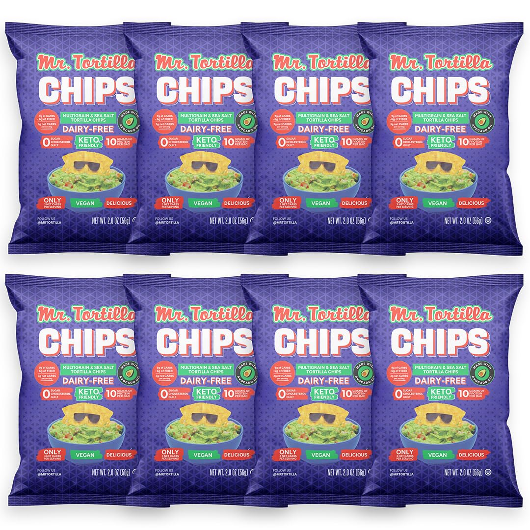 Mr. Tortilla Keto Chips - Dairy Free, 10g Protein, 3 Net Carbs, 2 oz Bags, Pack of 8