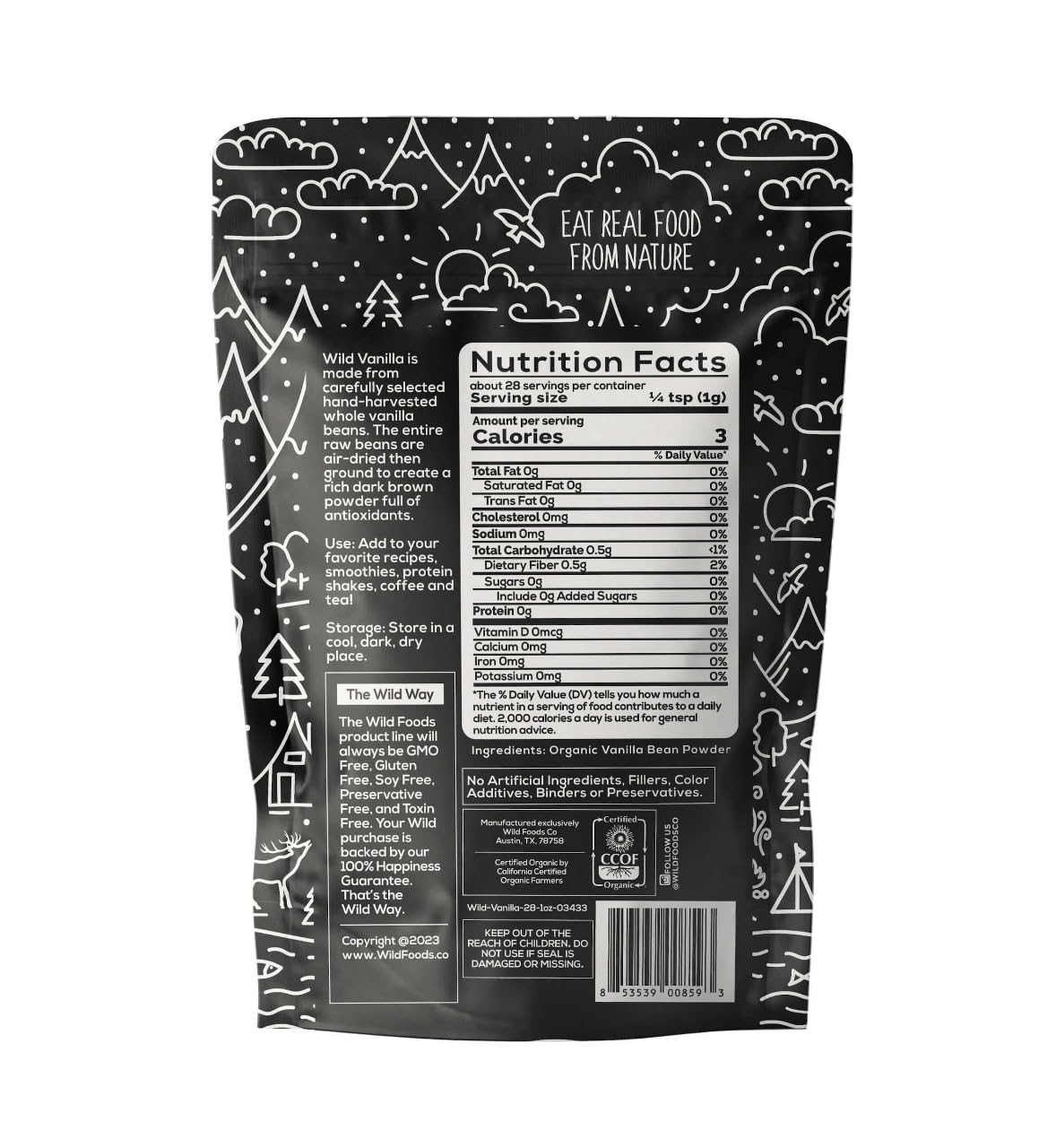 Wild Foods Organic Vanilla Bean Powder | All Natural Pure Vanilla Beans From Madagascar | Wild Powder For Iced Coffee, Baking & Smoothie Blended Drinks | Unsweetened Gluten Free Powdered Mix | (3 Ounce)