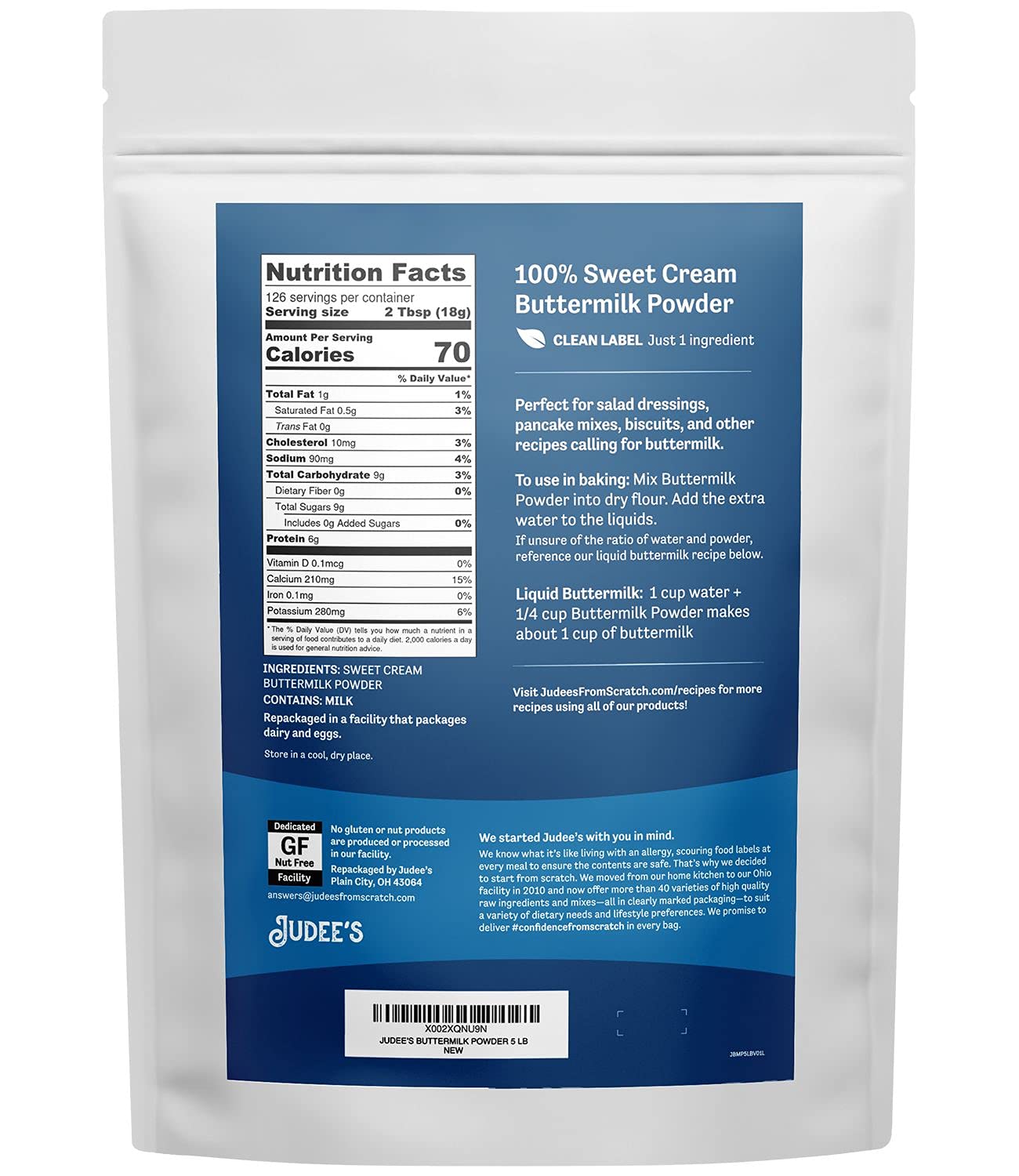 Judees Bulk Buttermilk Powder - 100% Non-GMO, Gluten-Free - 40 lb (5lb Pack of 8) - Ideal for Baking and Cooking