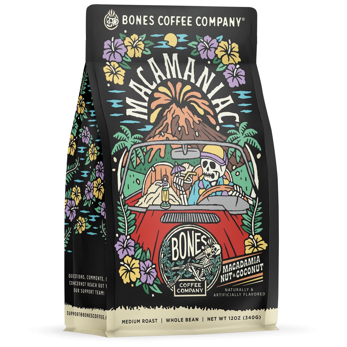 Bones Coffee Company Macamaniac Whole Coffee Beans Macadamia And Coconut Flavor, Low Acid Flavored Coffee, Made With Arabica Cof