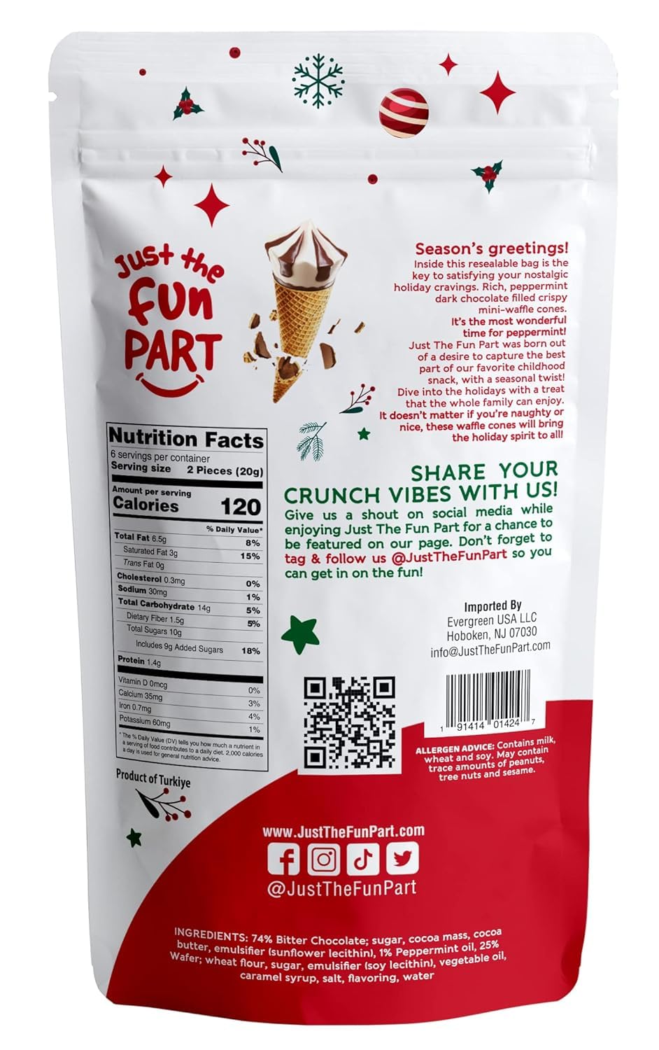 Just The Fun Part Mini Waffle Cones Filled with Belgian Chocolate, Peppermint & Dark Chocolate, 4.23 oz (Pack of 2)