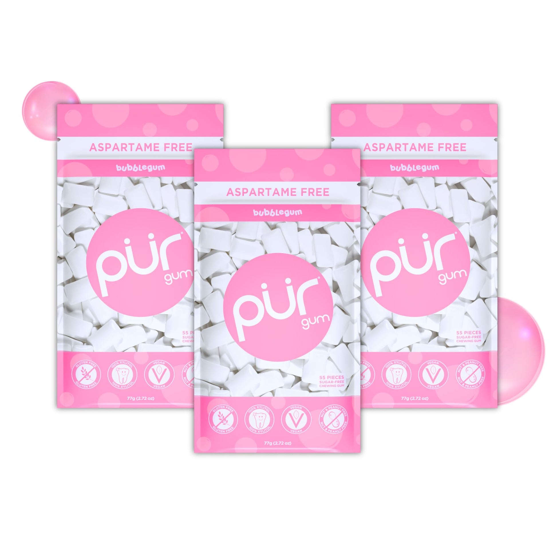Pur Gum | Aspartame Free Chewing Gum | 100% Xylitol | Natural Bubblegum Flavored Gum, 55 Pieces (Pack Of 3)