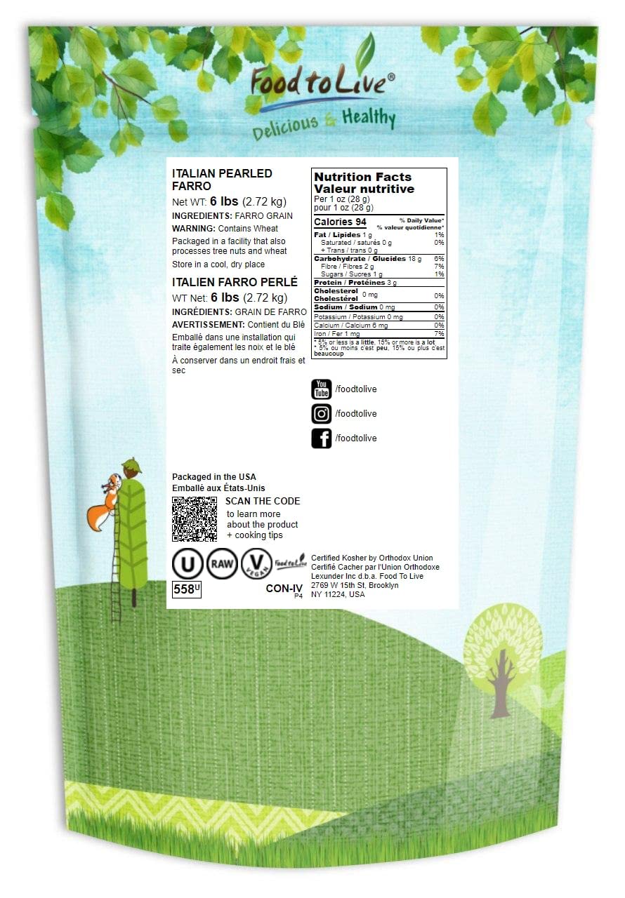 Food To Live Pearled Farro Grain, 6 Pounds - Kosher, Vegan, Whole Grain In Bulk, Good Source Of Dietary Fiber, Protein And Iron