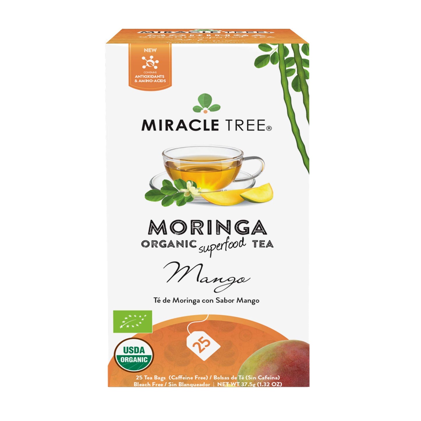 Tree Organic Moringa Tea - 25 Individually Sealed Bags, Mango Flavor, Caffeine-Free, Vegan, Gluten-Free, Non-GMO