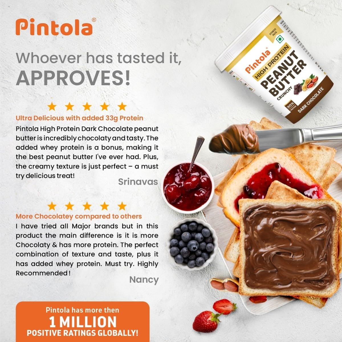 Pintola High Protein Peanut Butter Chocolate Flavour Crunchy 510G, Added Whey Protein, 30G Protein 6.2G Fiber, Gluten Free, Zero
