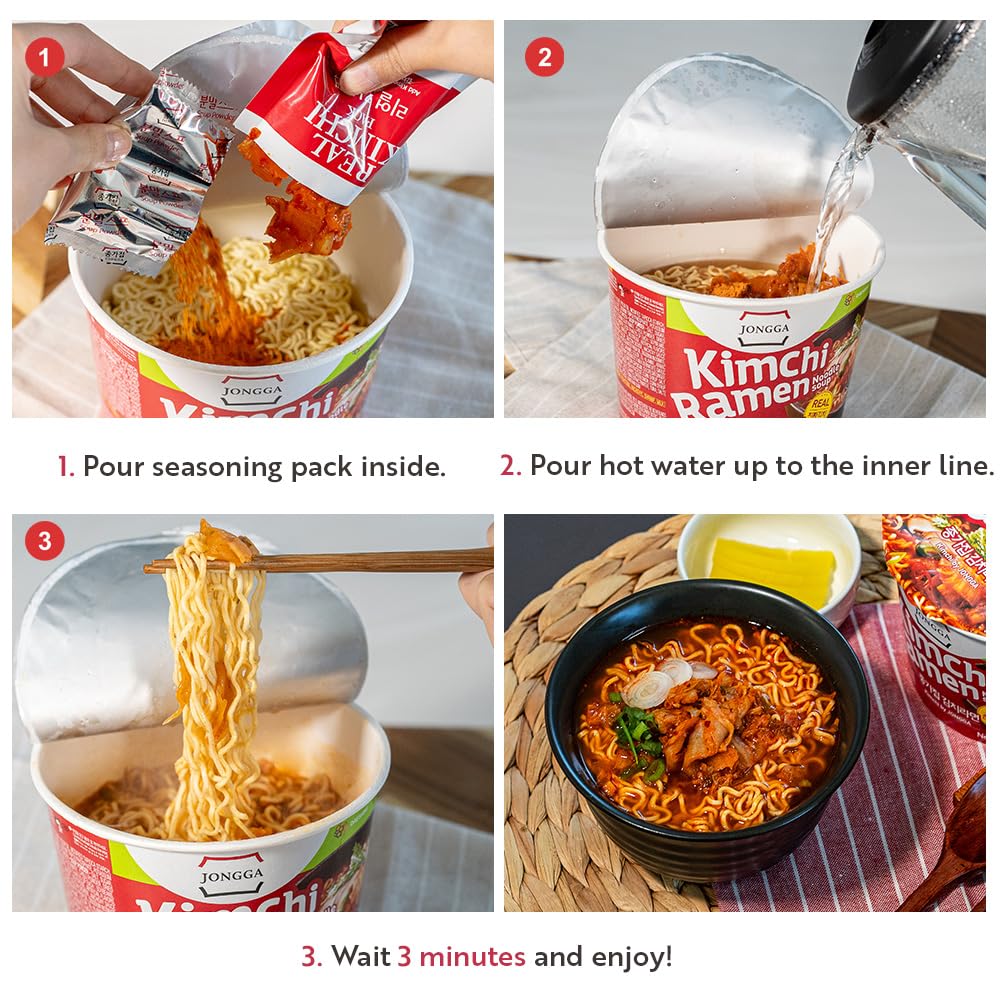 Jongga Kimchi Ramen With Real Kimchi 4.9 Oz Pack Of 6, Korean Instant Hot And Spicy Noodle Soup, Authentic Savory Ramen Bowl, Qu