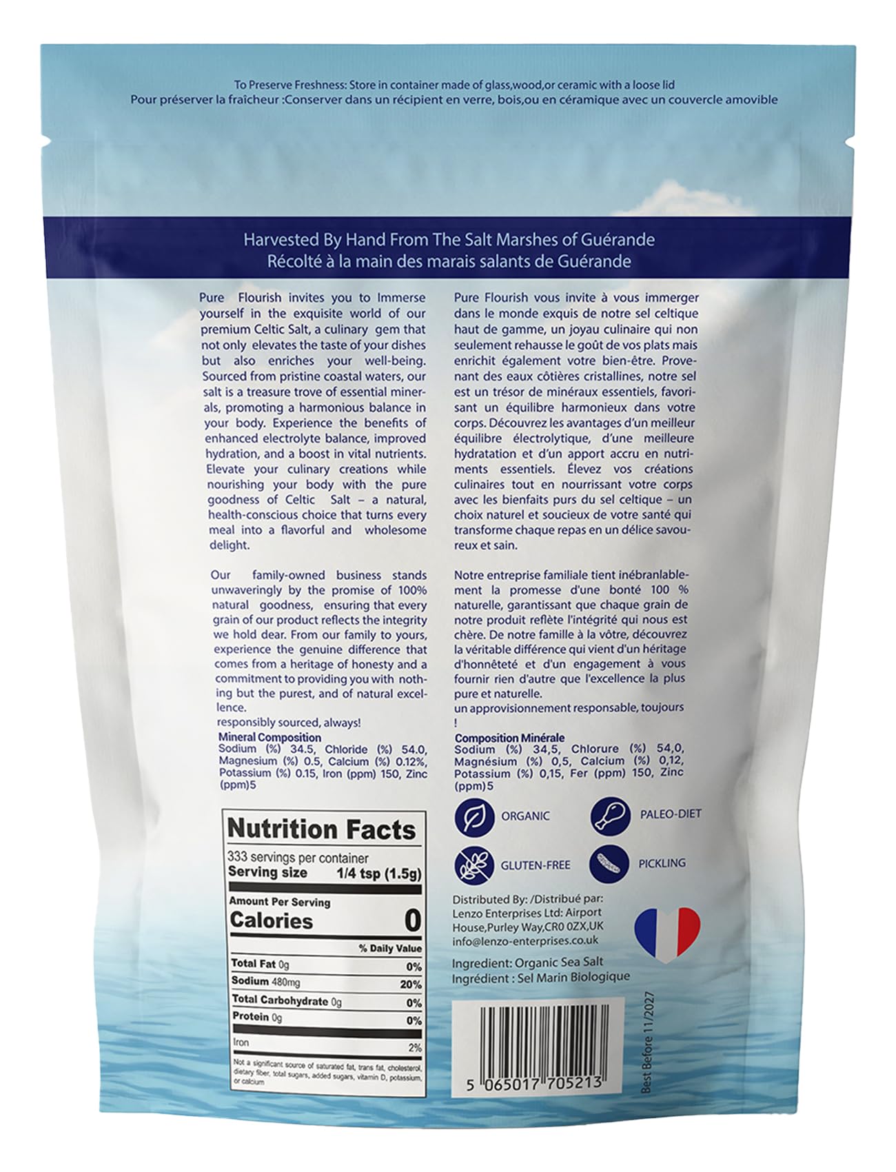 Pure Flourish Sea Salt - The Celtic Way 1.1 LB | Certified French Harvest & Import | Organic & Unrefined | Rich in 82 Essential Minerals | Hand Harvested Light Grey Celtic Salt Crystals from France