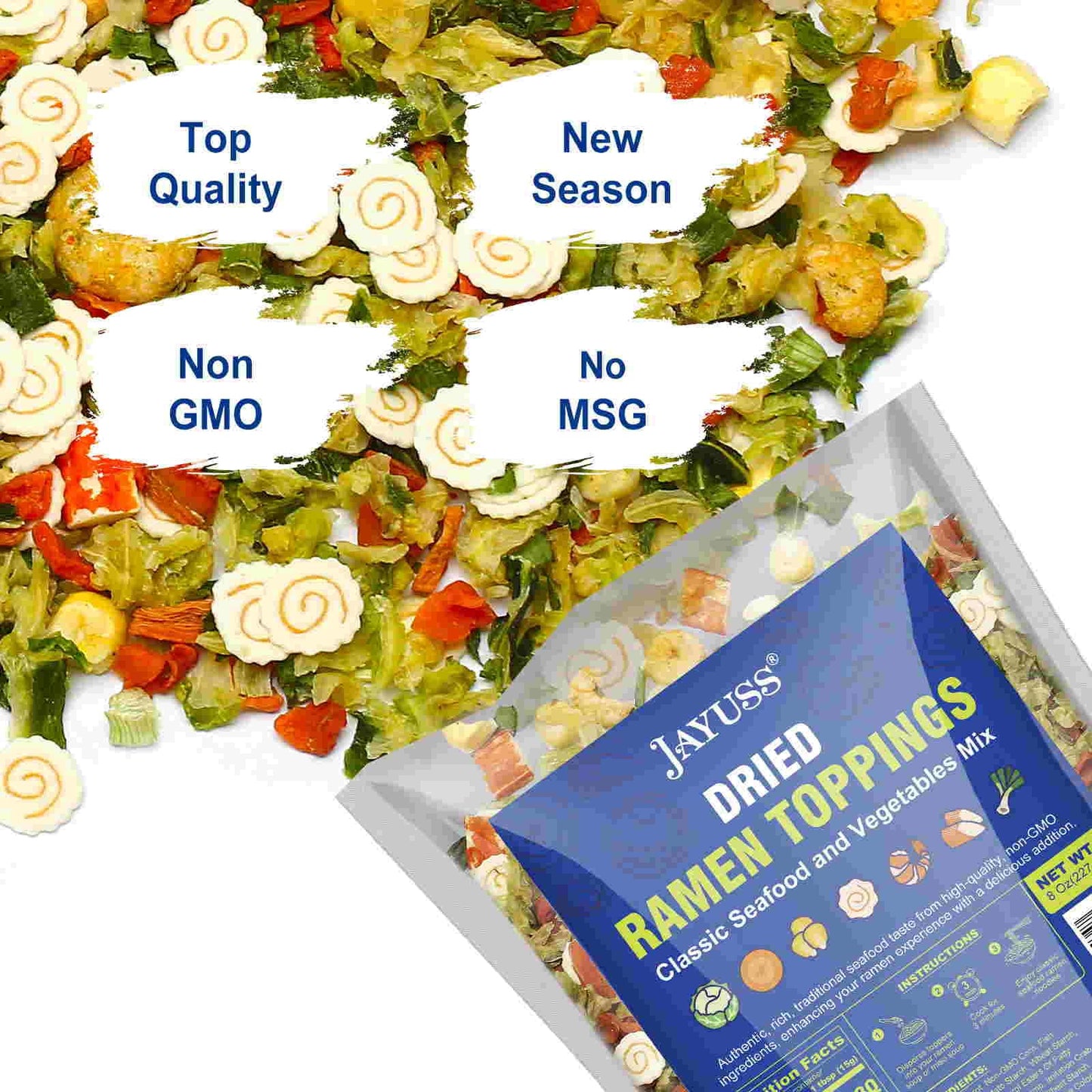 Jayuss Ramen Toppings Classic Seafood And Vegetables Mix 8 Oz, Traditional Dried Ramen Toppings, Fresh Dried Vegetables, Non-Gmo