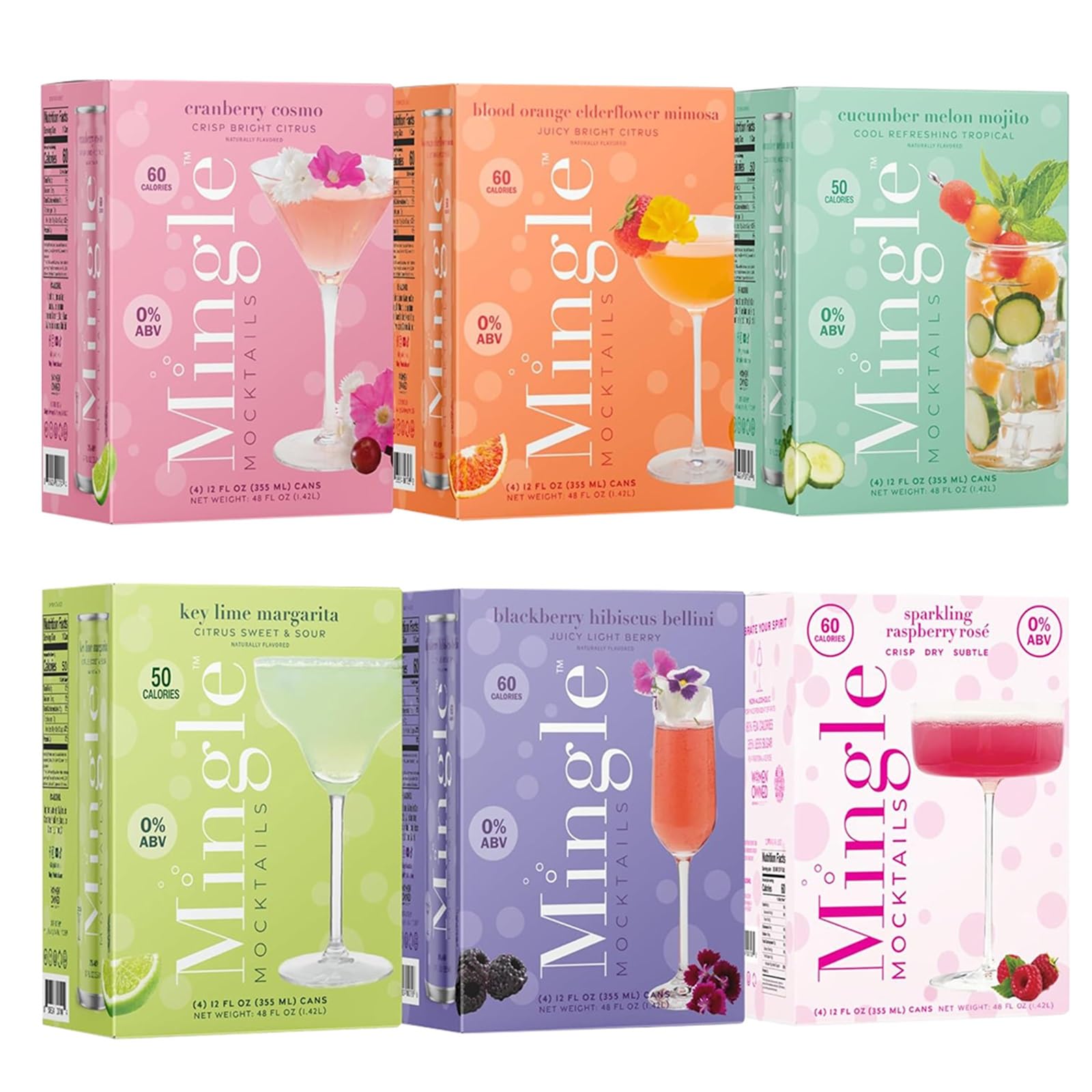 Mingle Sparkling Mocktails Variety Pack - Premium Non-Alcoholic Cocktails, 12 FL OZ Cans, Pack of 24, 4 Flavors
