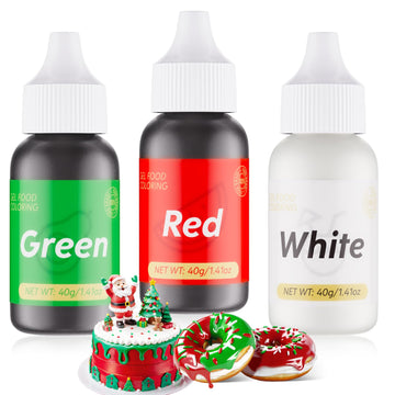 Gel Food Coloring for Cake Decorating - 3 Concentrated Assorted Food Color Edible Christmas Red Green White - Food Grade Dye for