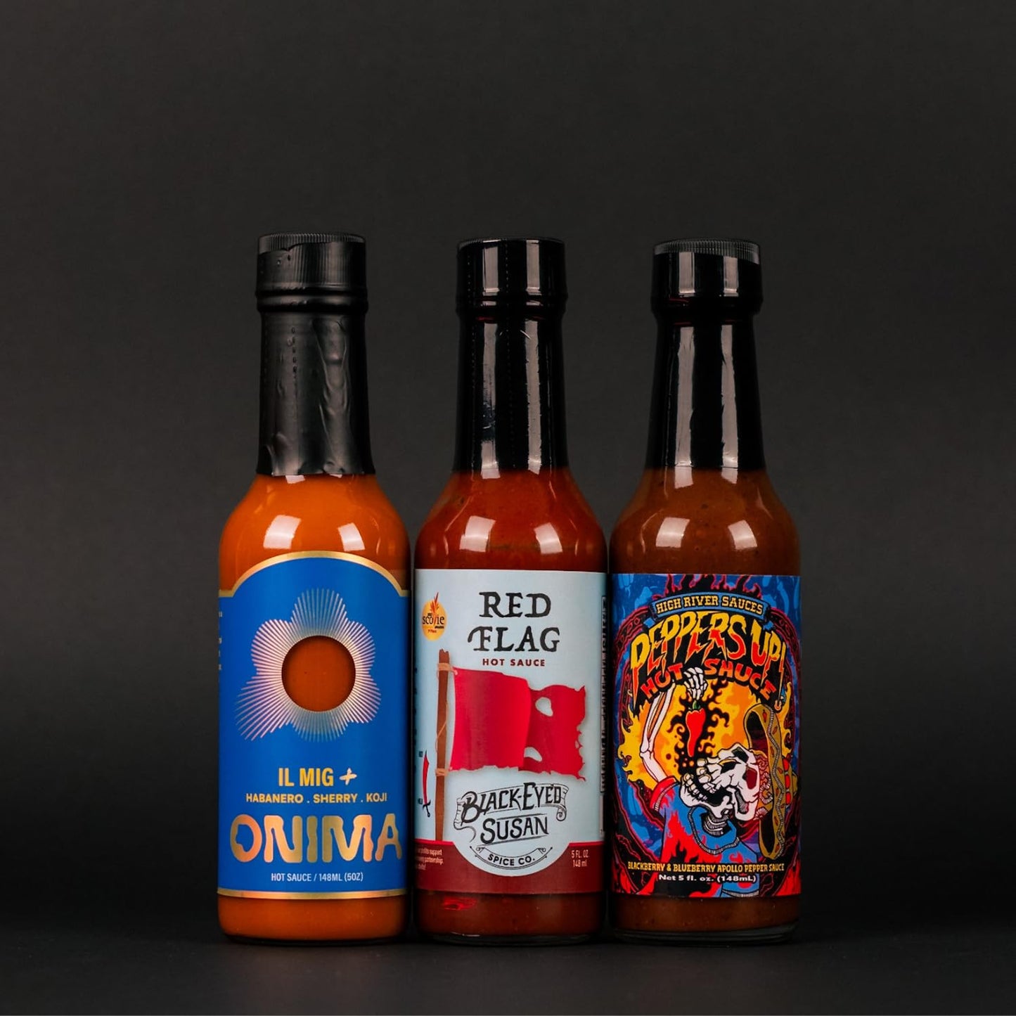 Hot Ones Season 24 Heat Pack, Hot Sauce Pack With Onima (Il Mig+), Black-Eyed Susan (Red Flag), High River Sauces (Peppers Up!),
